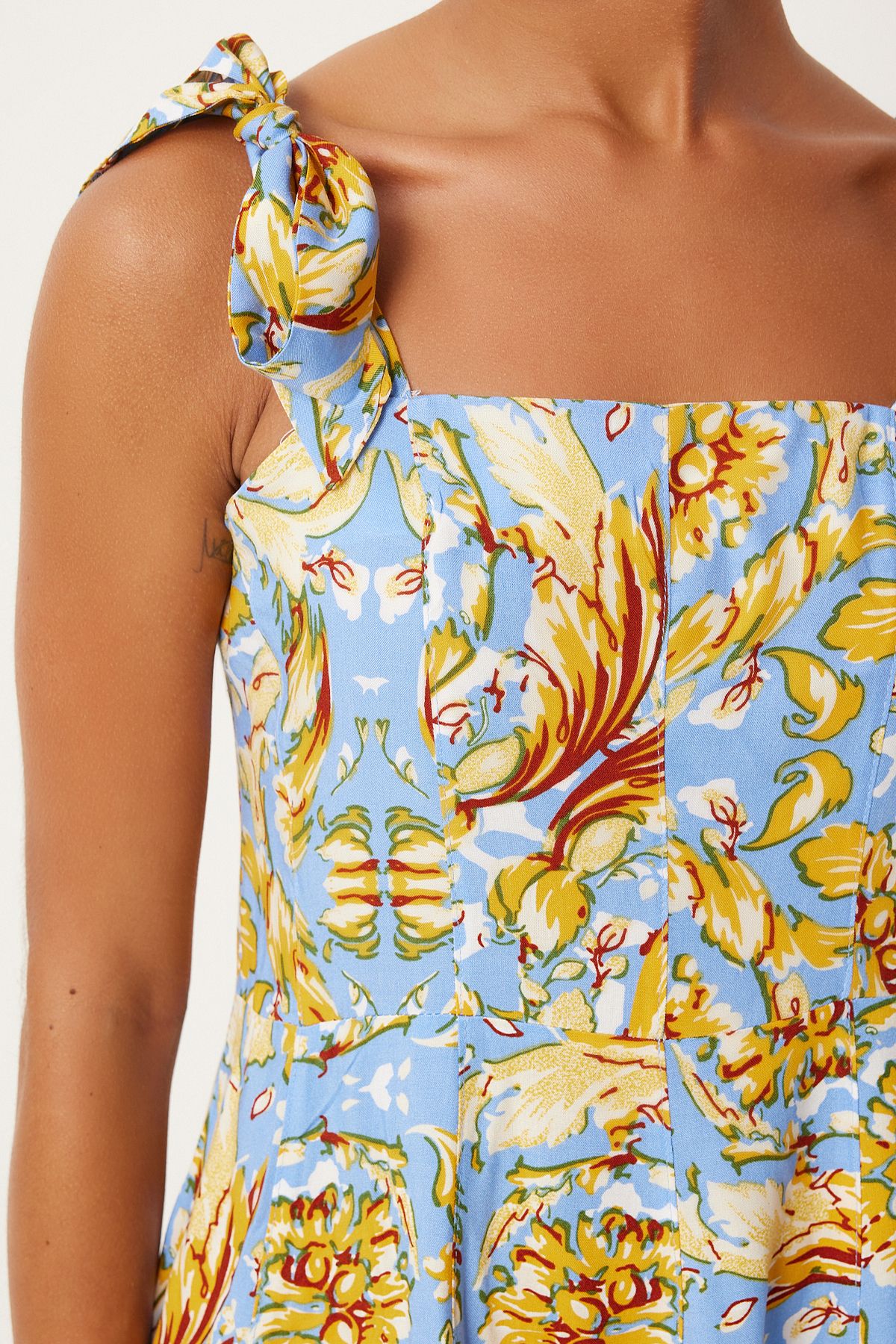 Woman Sky Blue Yellow Thick Simple Patterned Summer Mini Viscose Dress FN03238