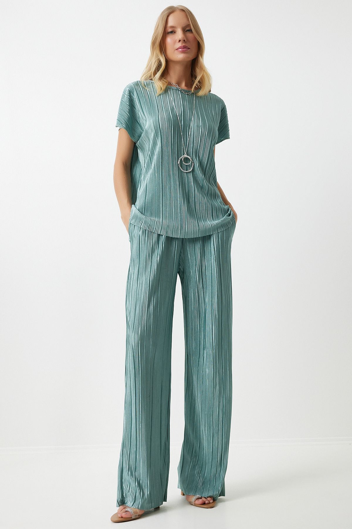 Female Water Green Pilisable Casual Blouse Pants Set Mc00283
