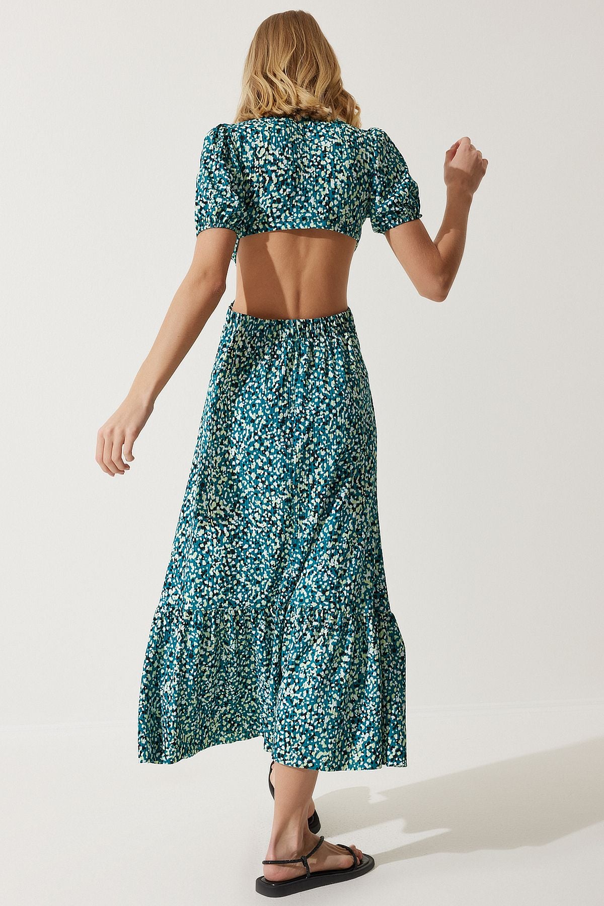 Female Green Patterned Window Detailed Flip Knitting Dress MC00263