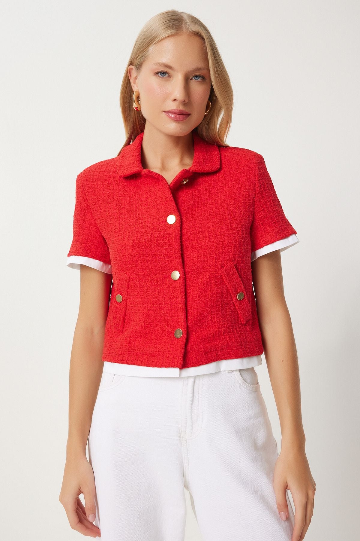 Woman Red Garni Detailed Crop Tüvit Jacket WF00088