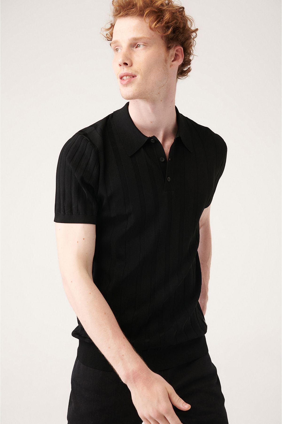 Men's black wick knitting detailed Polo collar knitwear T-shirt A31y5011