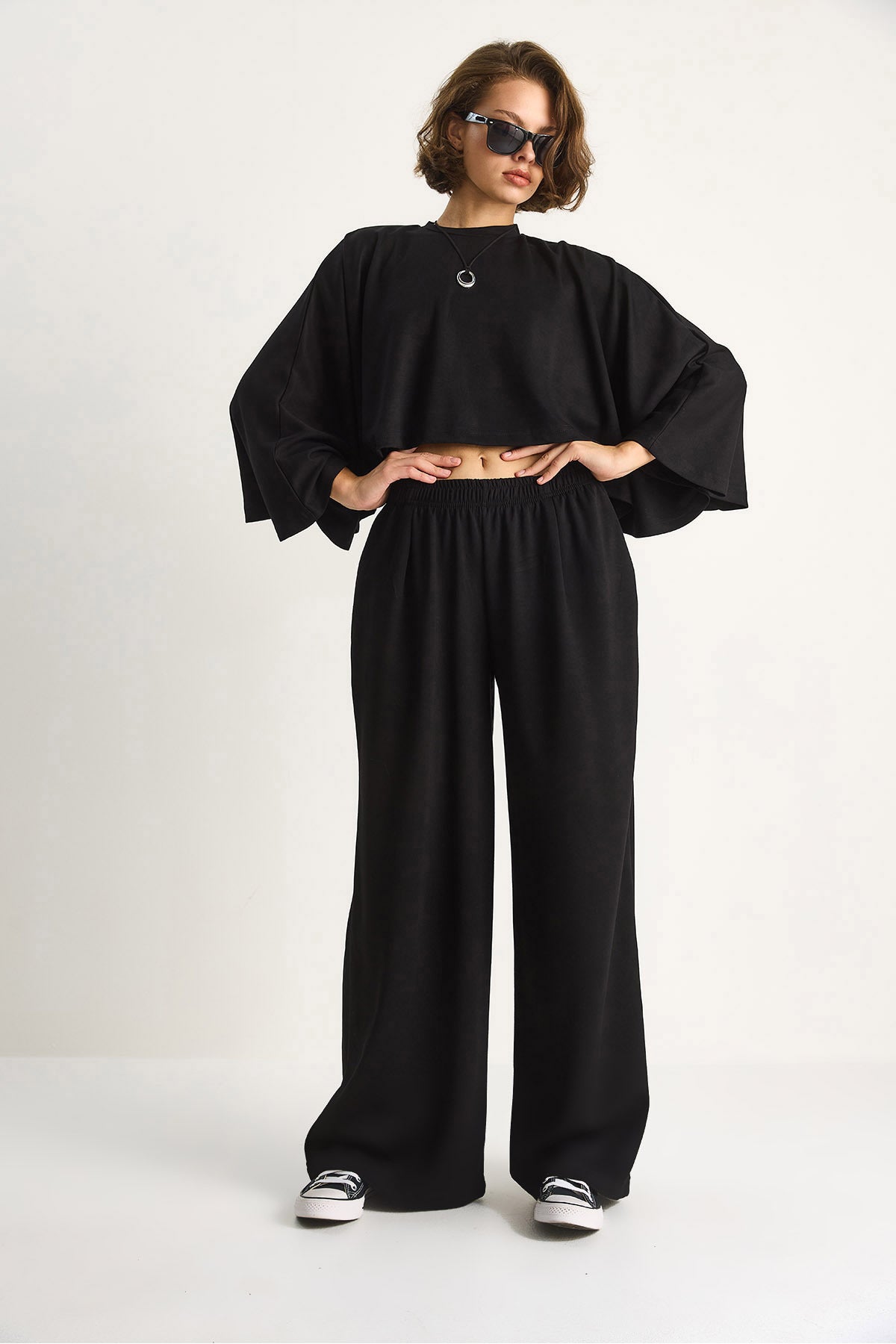 Women's Bat Sleeve Crop Elastic Waist Trousers Modal Bottom-Top Set 4025 60284068