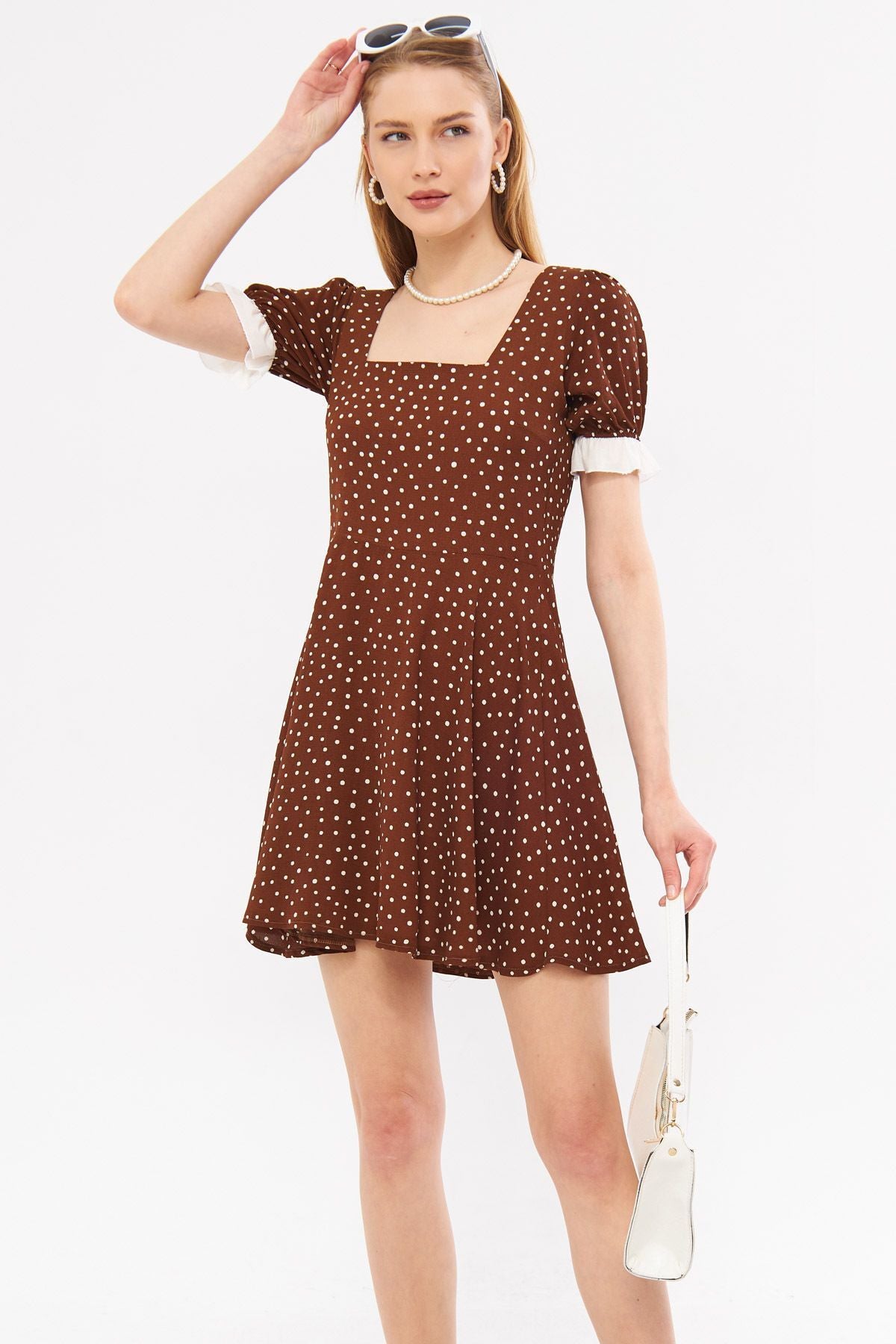 Female Coffee Front Rear Square Ruffle Detail Drthm Watermelon Watermelon Kloş Mini Dress ARM-24Y001051