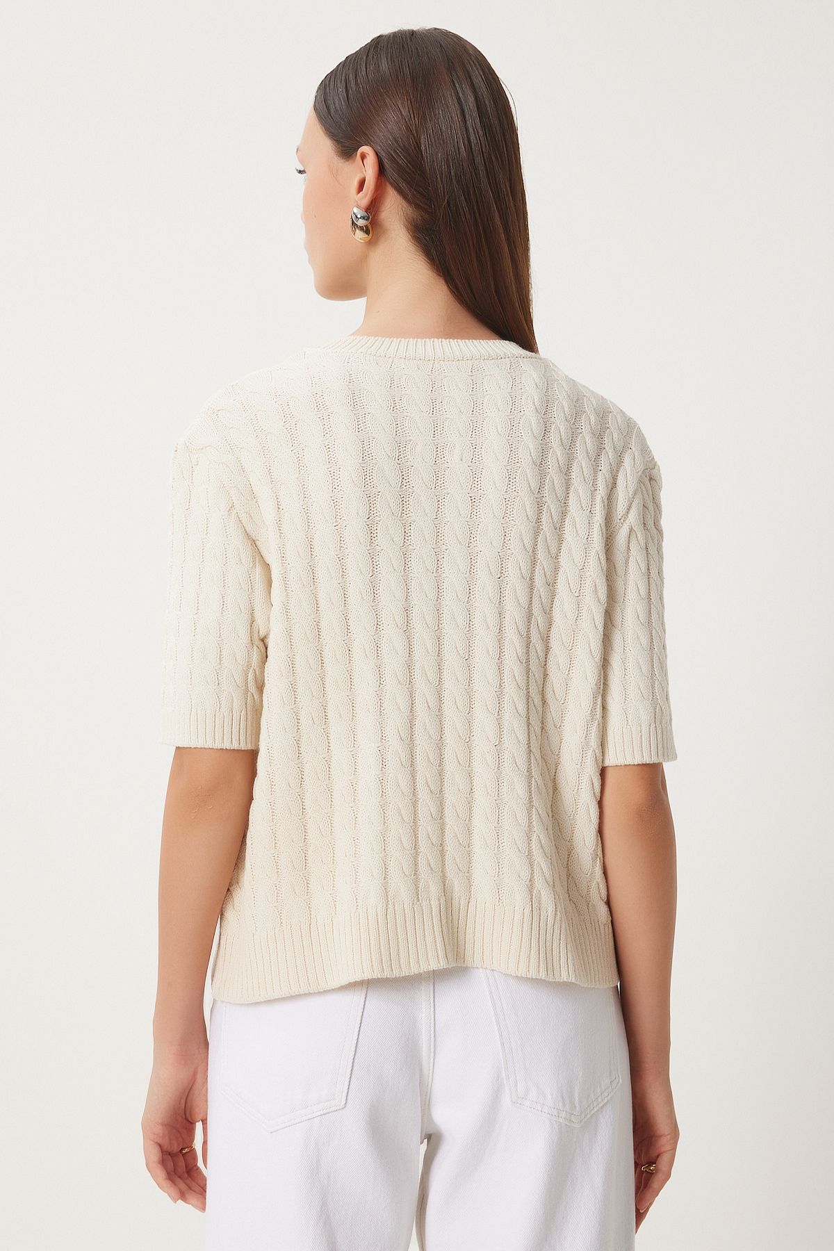 Women's Cream Bike Neck Hair Braided knitwear cardigan US00946