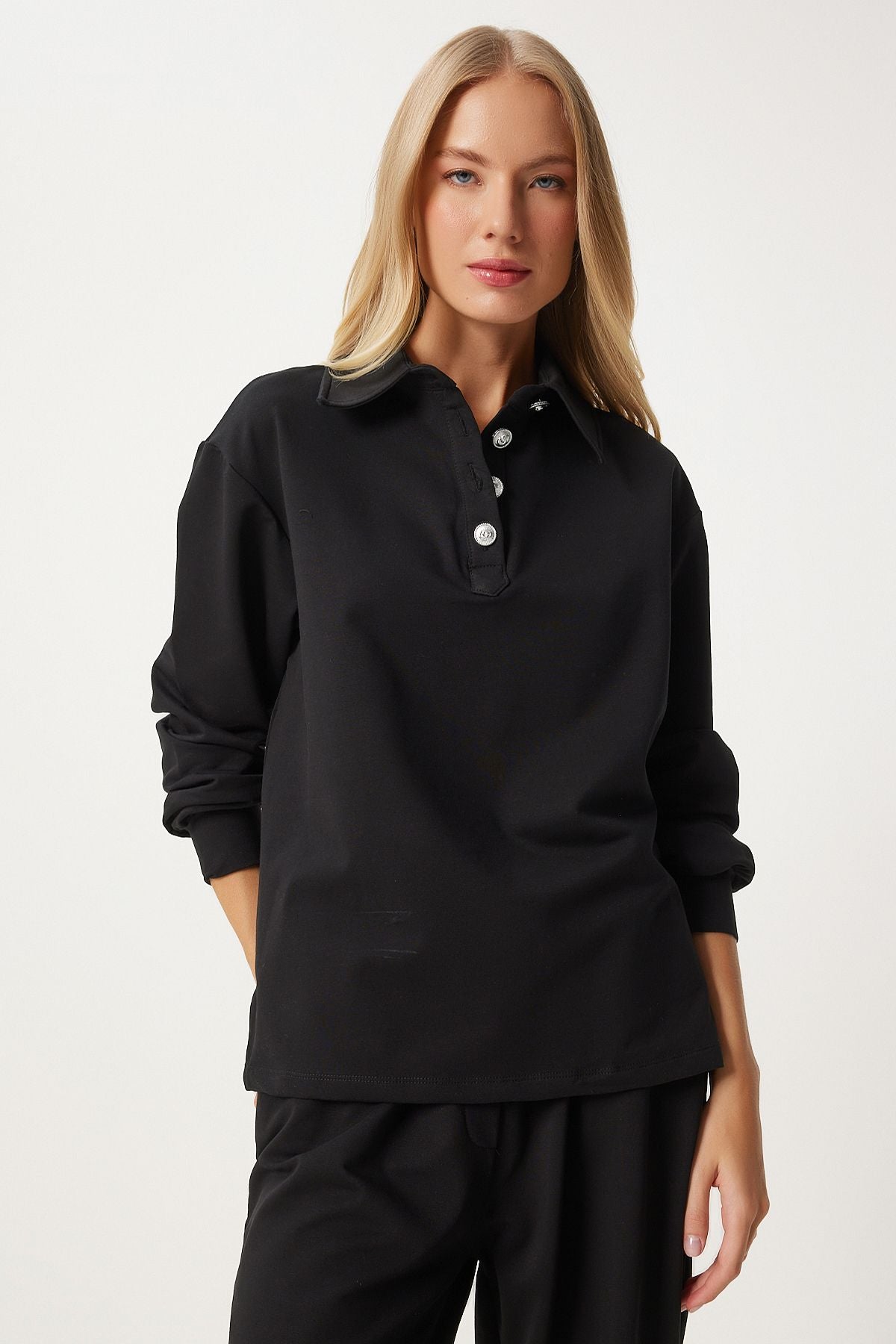 Women's black polo collar top knit tracksuit team FN03295