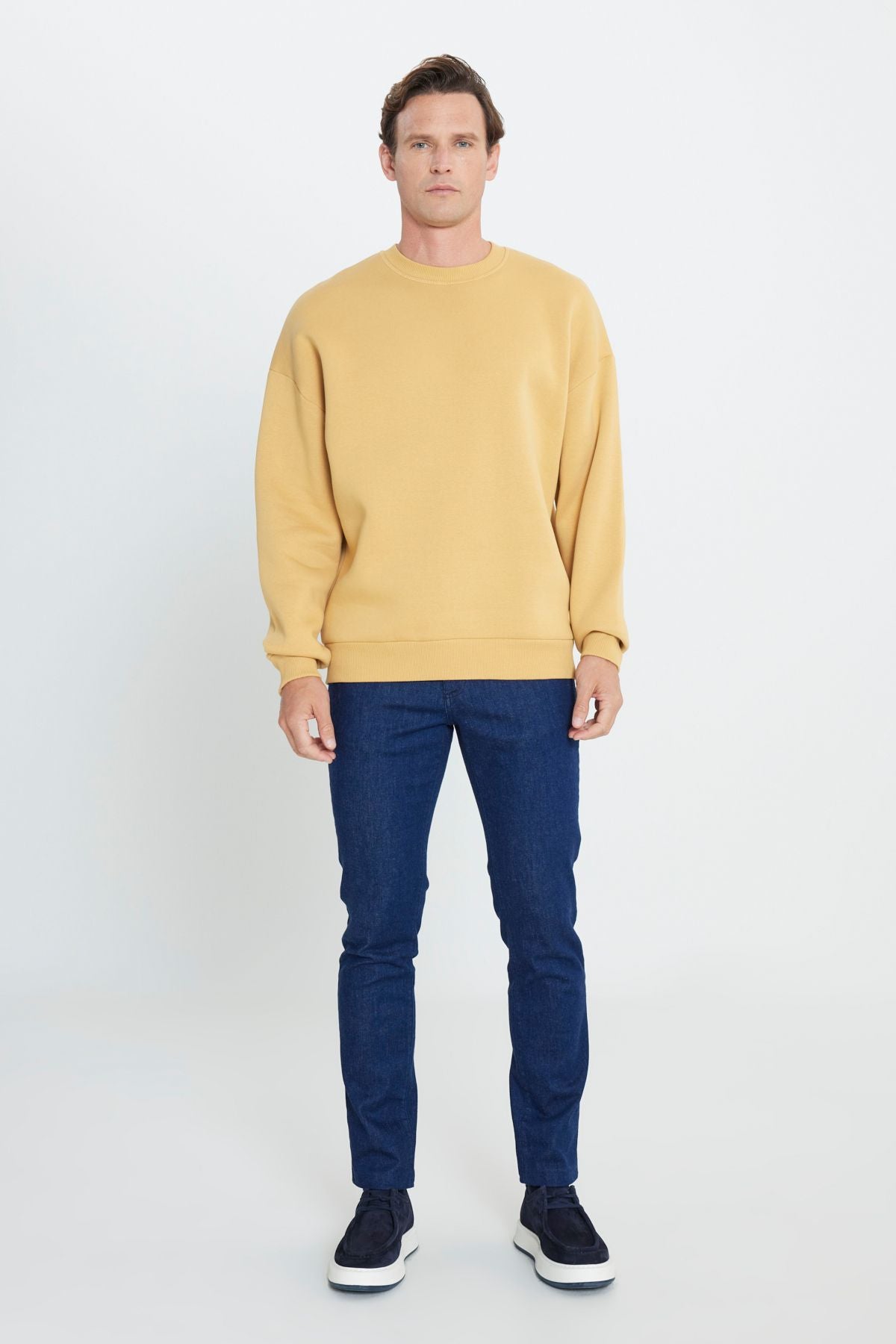 Men's mustard oversize fit abundant cut cotton polar polar 3 -IP bicycle collar sweatshirt