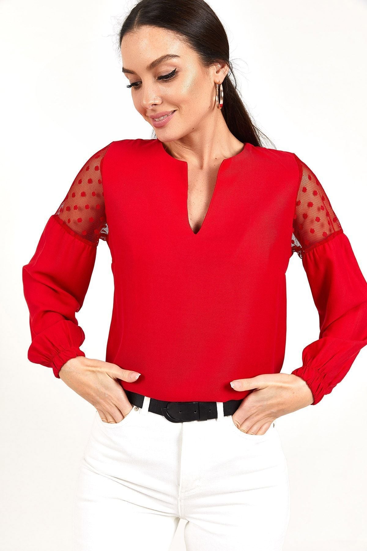 Woman Red V-Yaka Band with Tulle Balloon Blouse ARM-20K001038