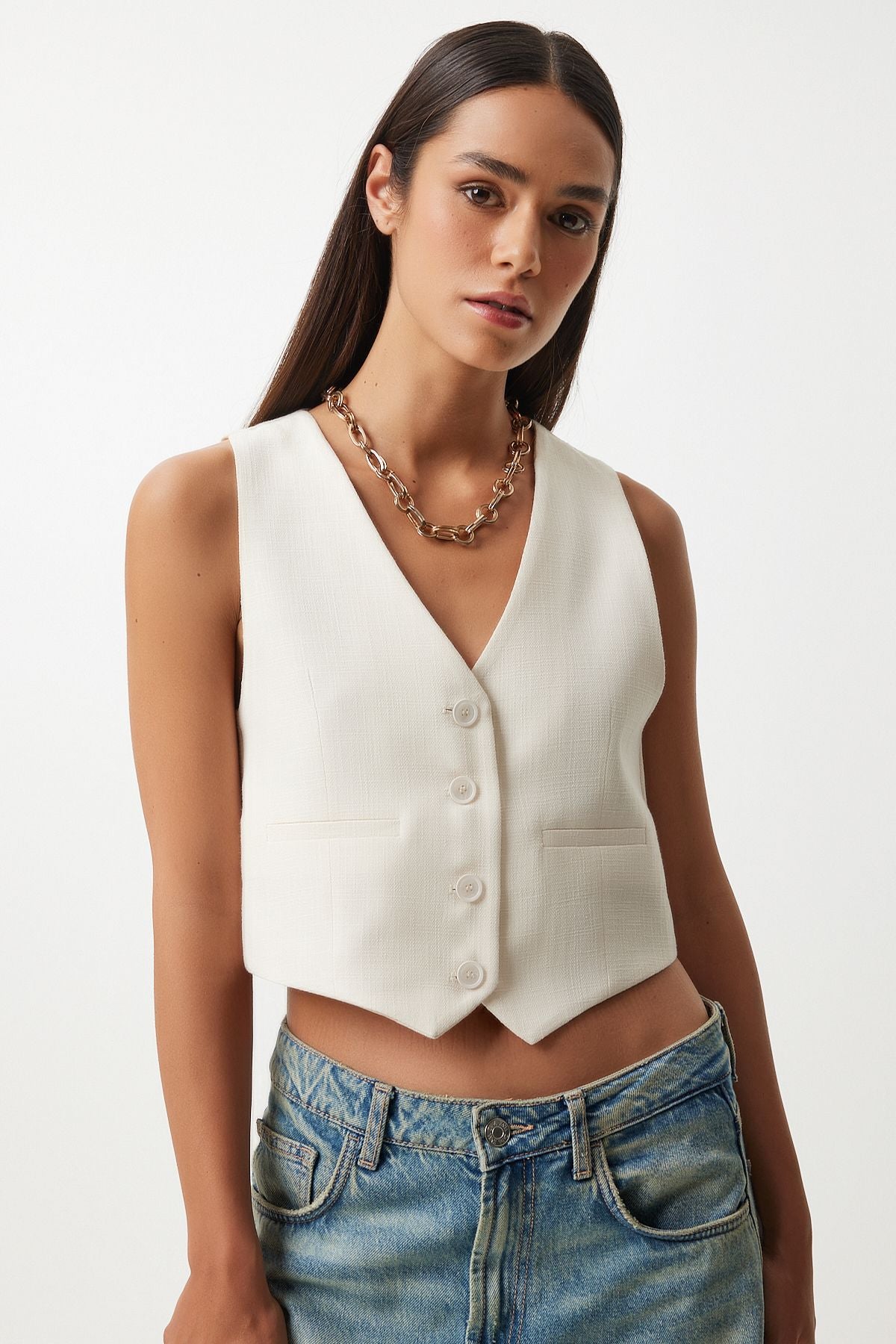 Woman White Linen Short Vest KT00011