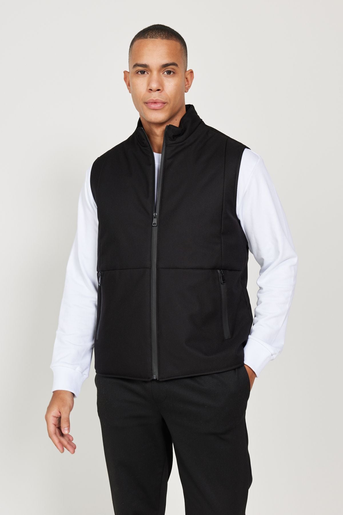 Men's black standard fit Normal cut upright collar vest