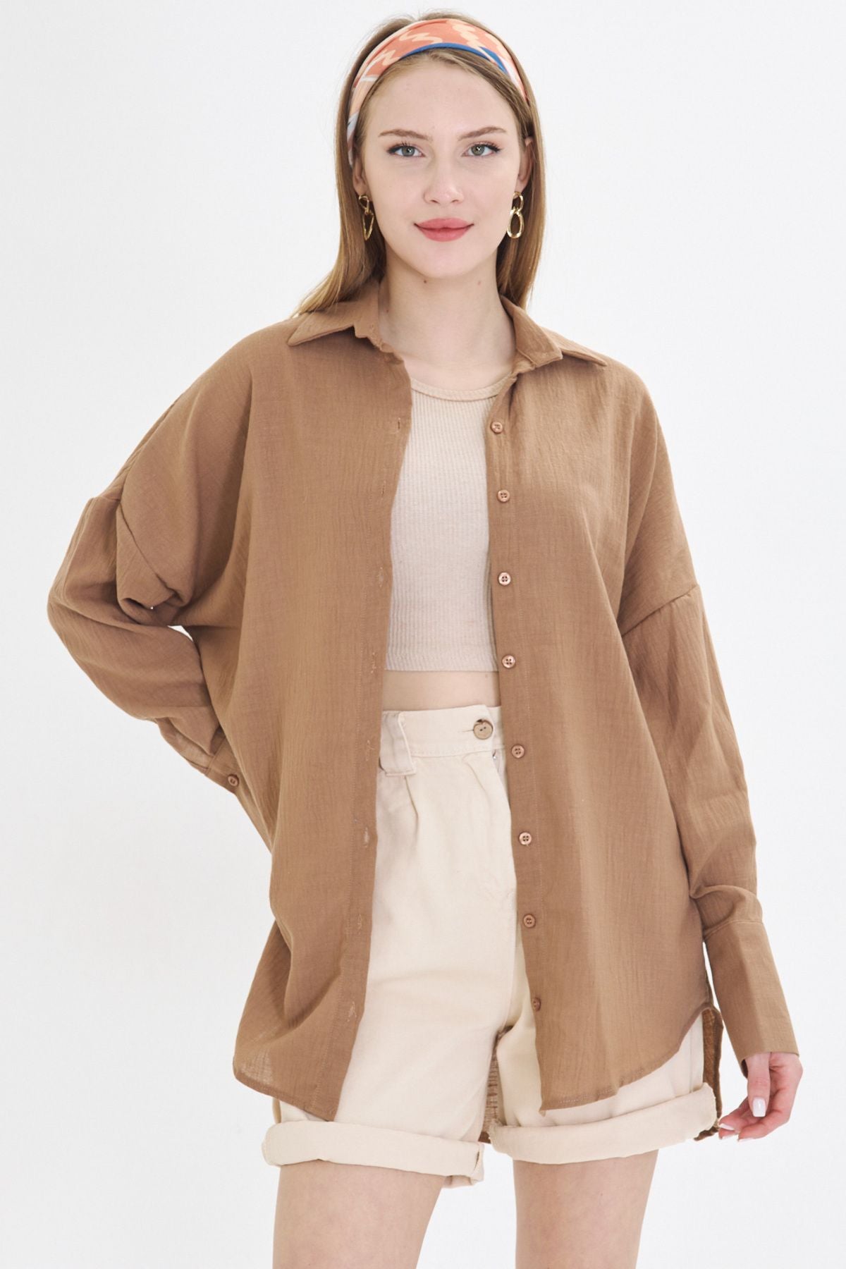 Woman Light Coffee Oversize Fined Linen-looking large cuff shirt ARM-24K001001