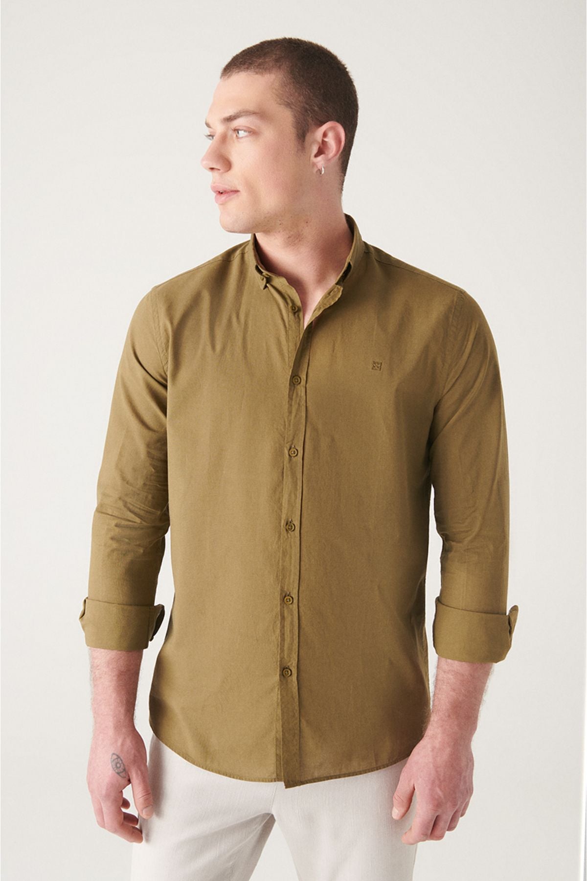 Men's Khaki 100 %Cotton Futter Soft key buttoned collar shirt E002206