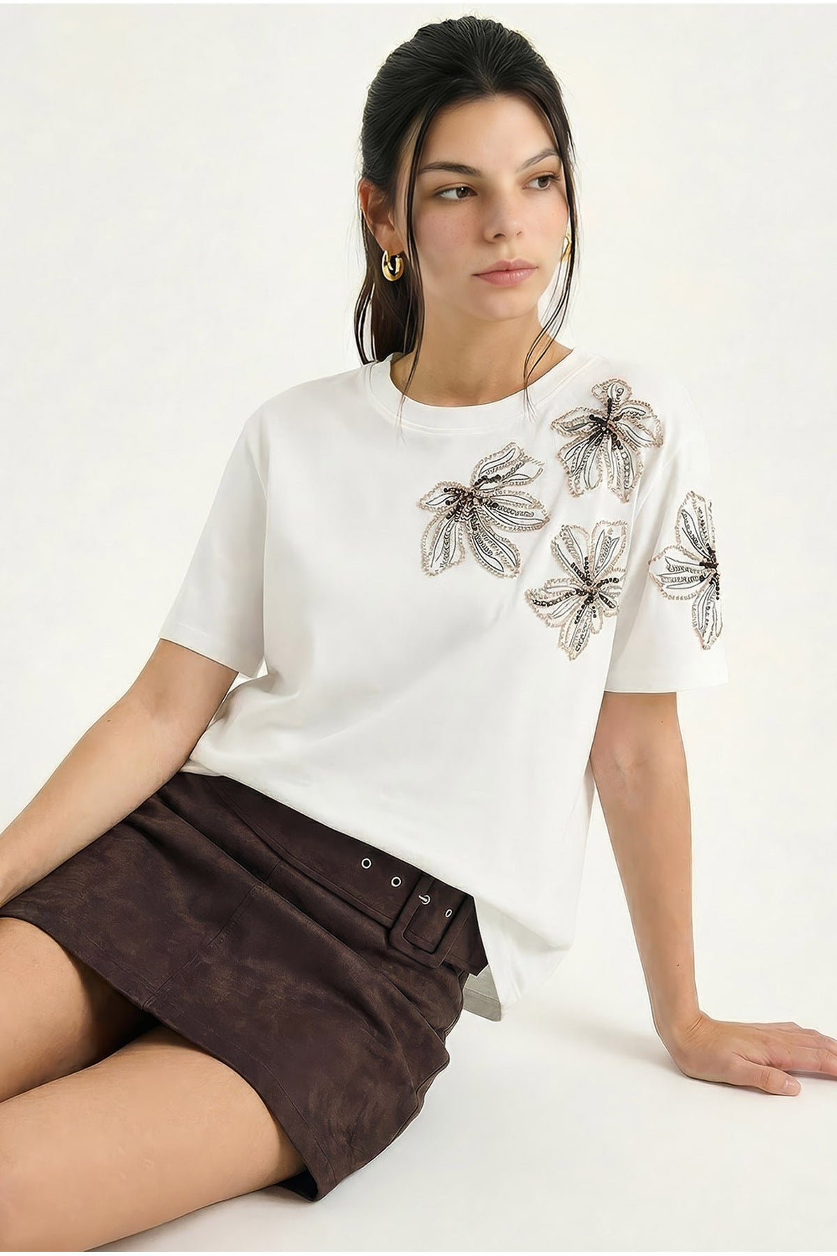 Women's Beaded Stone Embroidered Flower Patterned Sleeve Detailed Crew Neck T-Shirt 2107 60283972