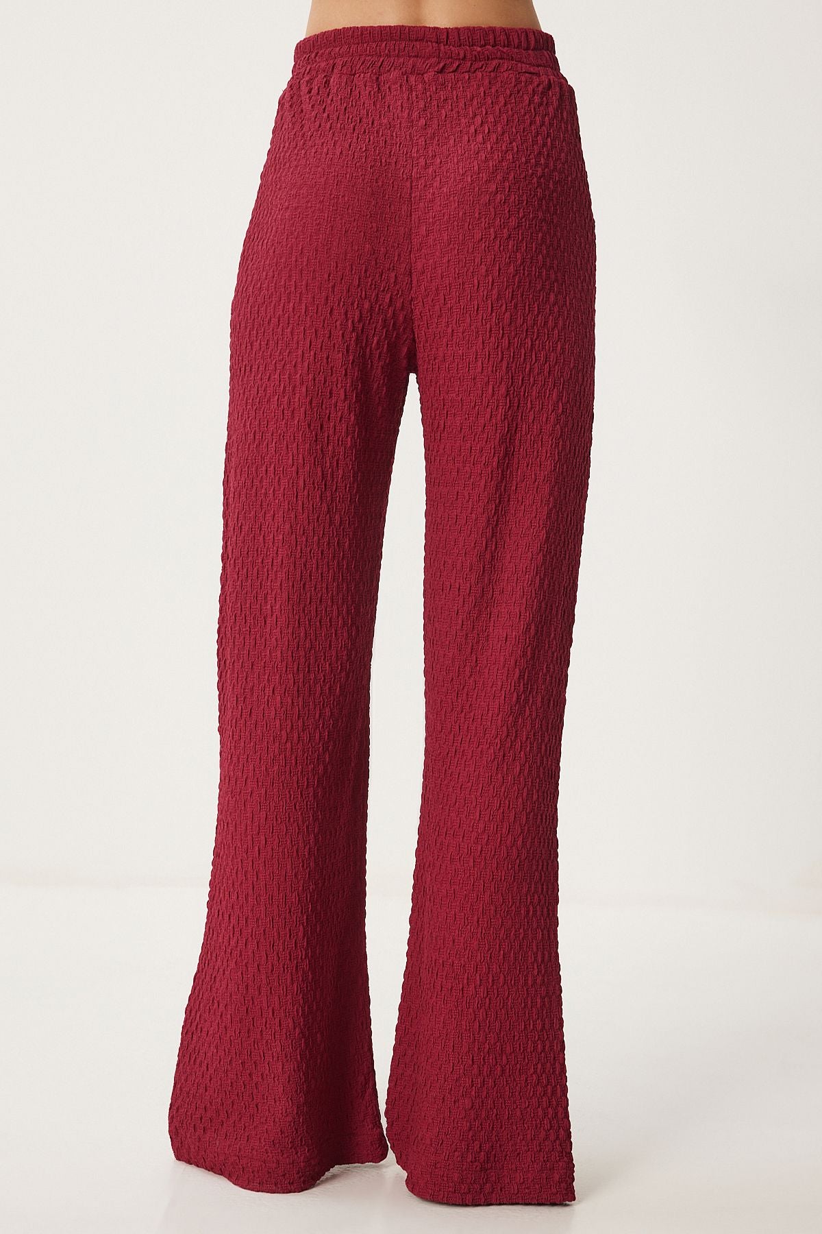 Female burgundy textured knitted kimono pants set RG00046