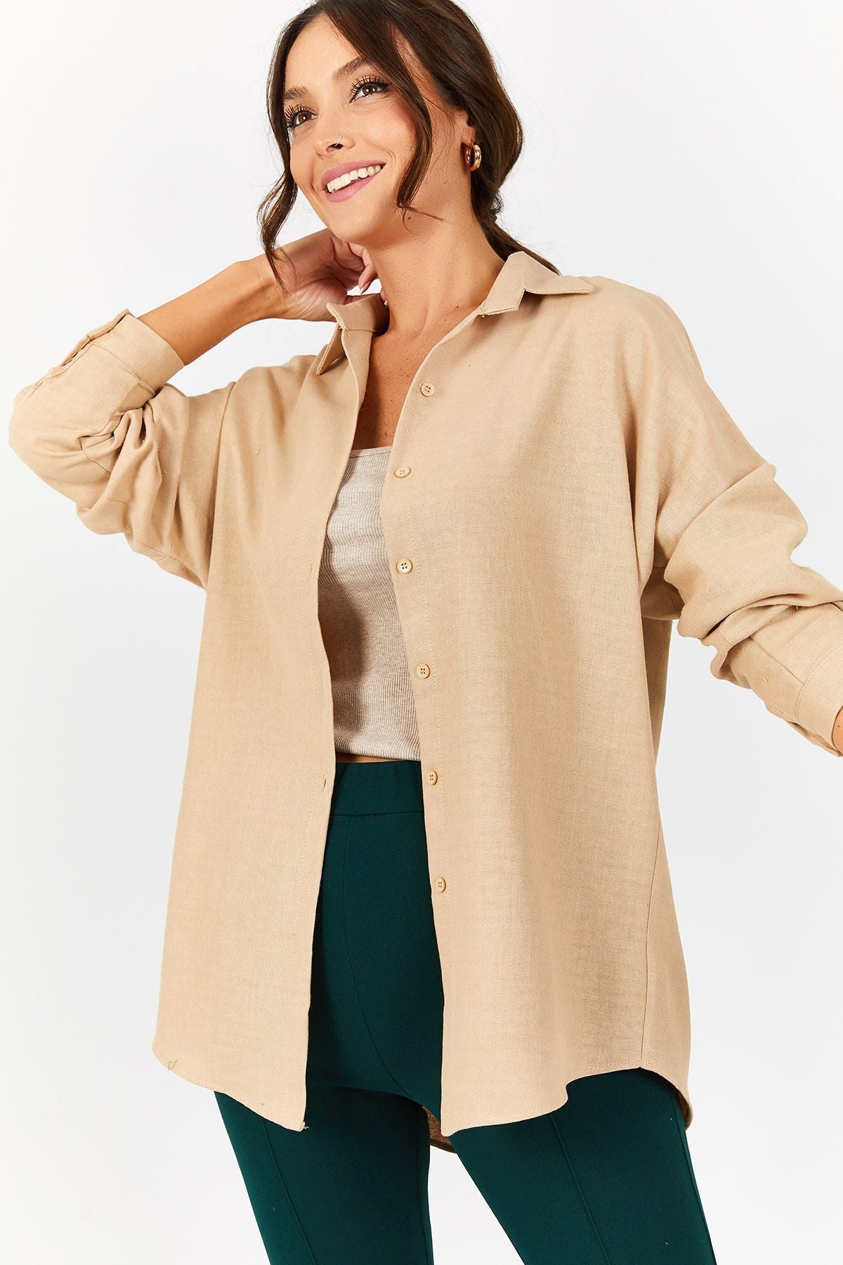 Woman Beige Oversize Long Basic Shirt ARM-221118