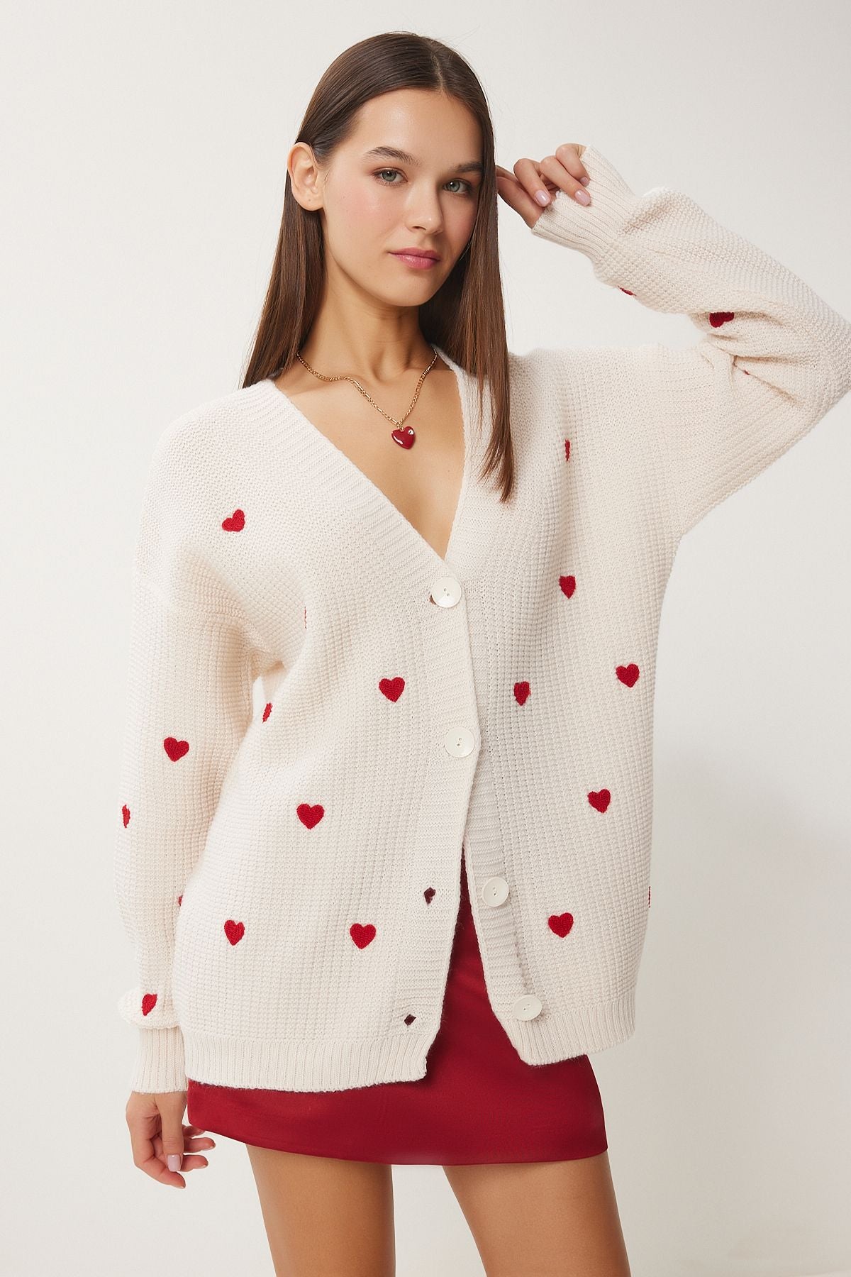 Women's Cream Heart textured long knitwear cardigan kg00012