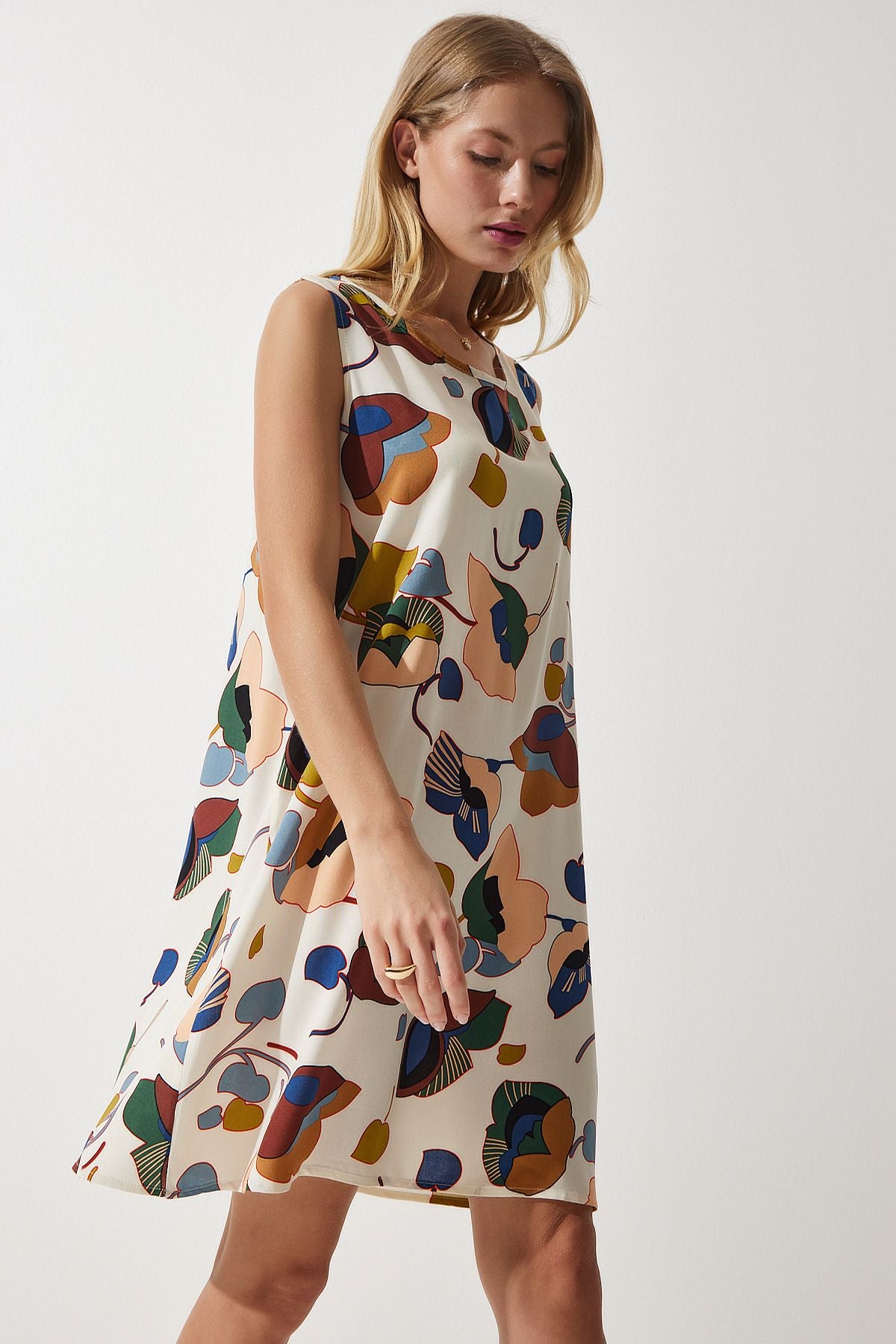 Female cream oil green patterned linen viscose mini dress BH00343