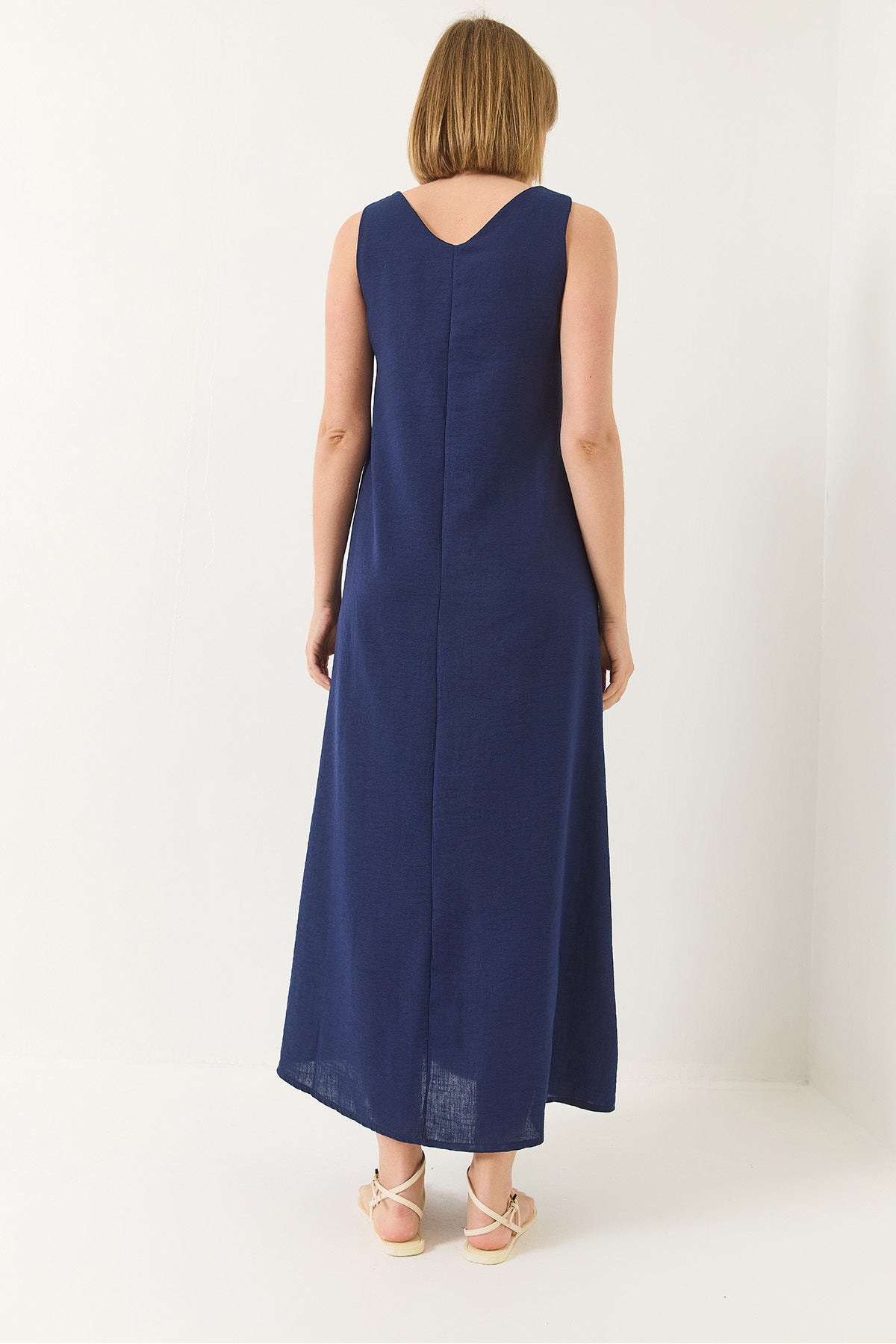 Women's V-neck Thick Strap Long Linen Dress 442 60283172