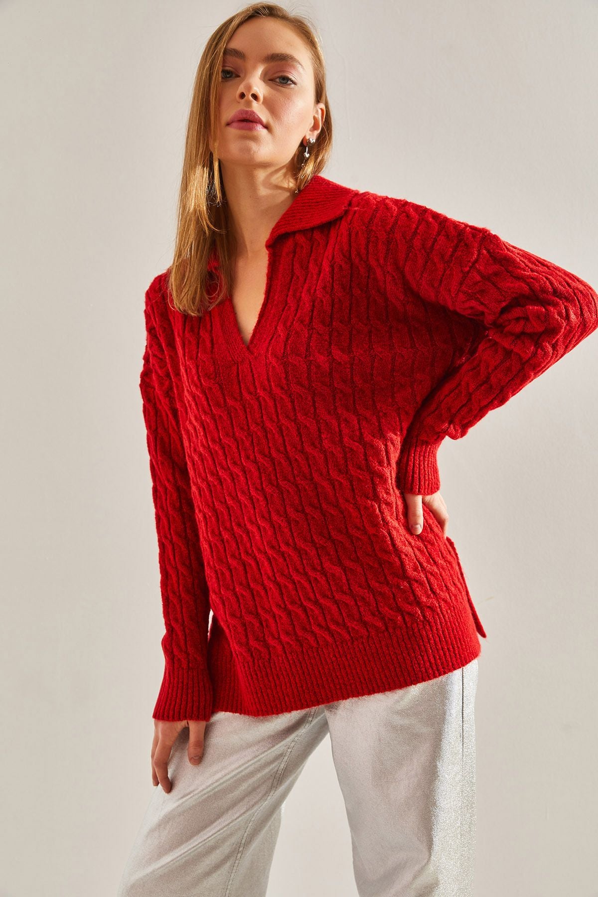 WOMEN V -neck patterned knitwear sweater