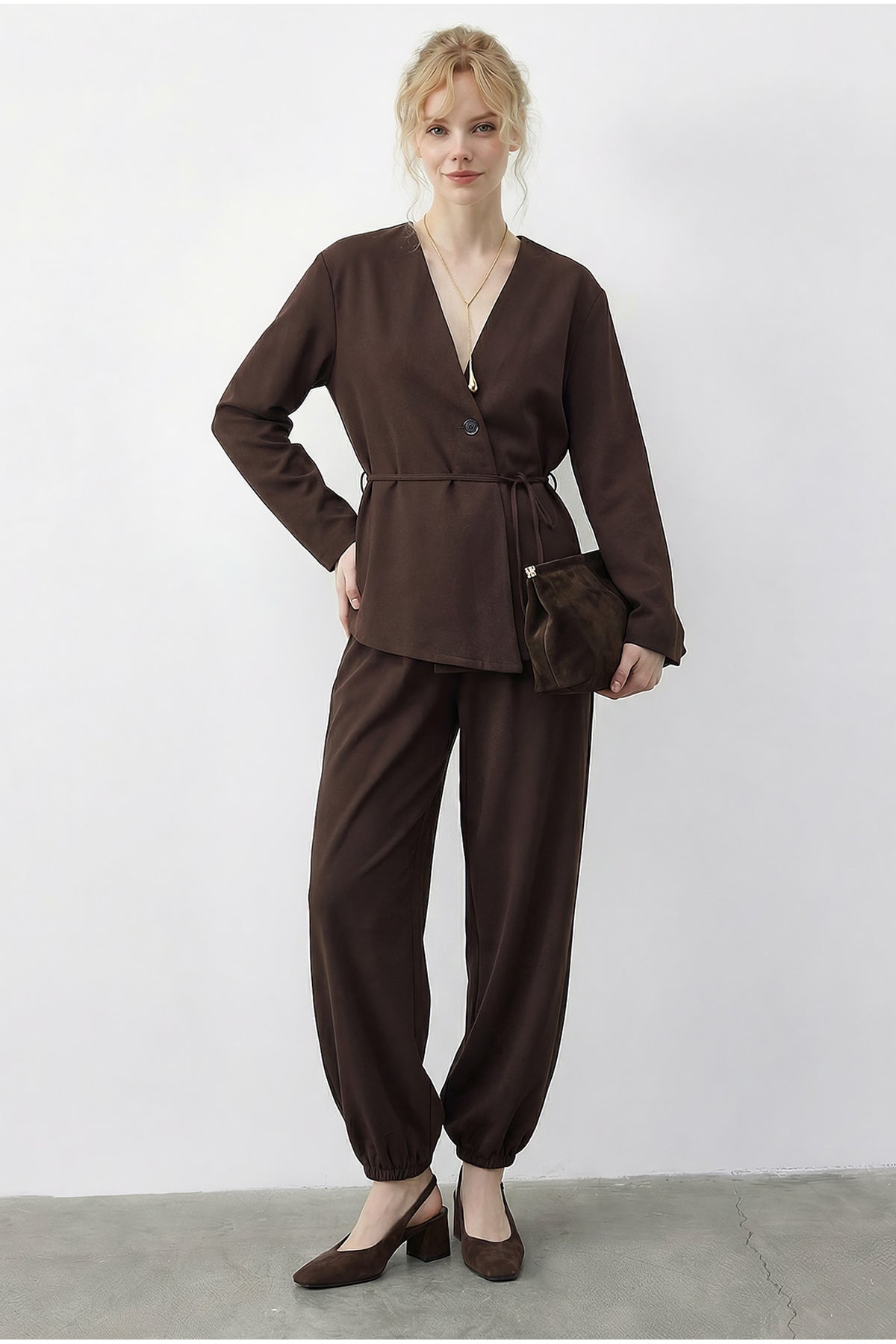 Women's Top-Bottom Set with Tie-Up Double Breasted Jacket and Comfortable Trousers with Elastic Legs 60610 60283990