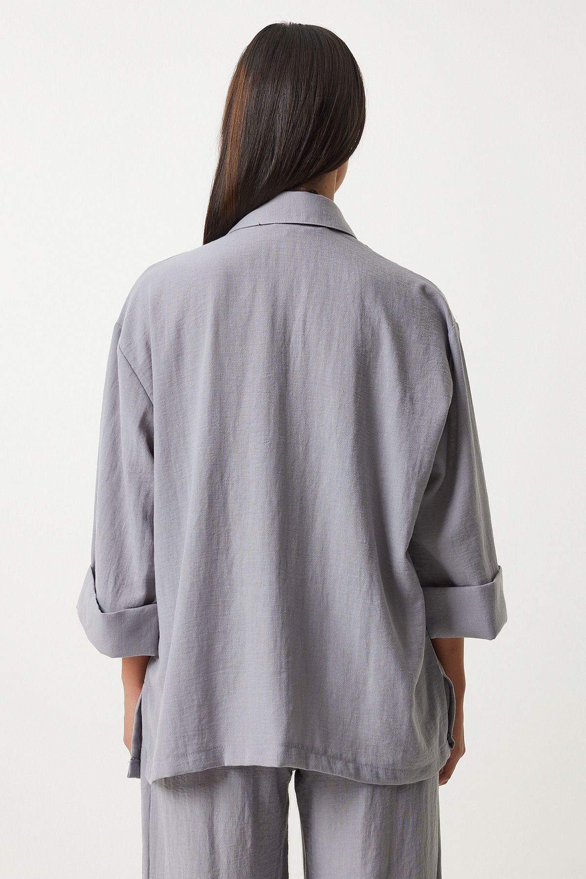 Women's gray wide pocket linen mixed shirt pants set FN03205