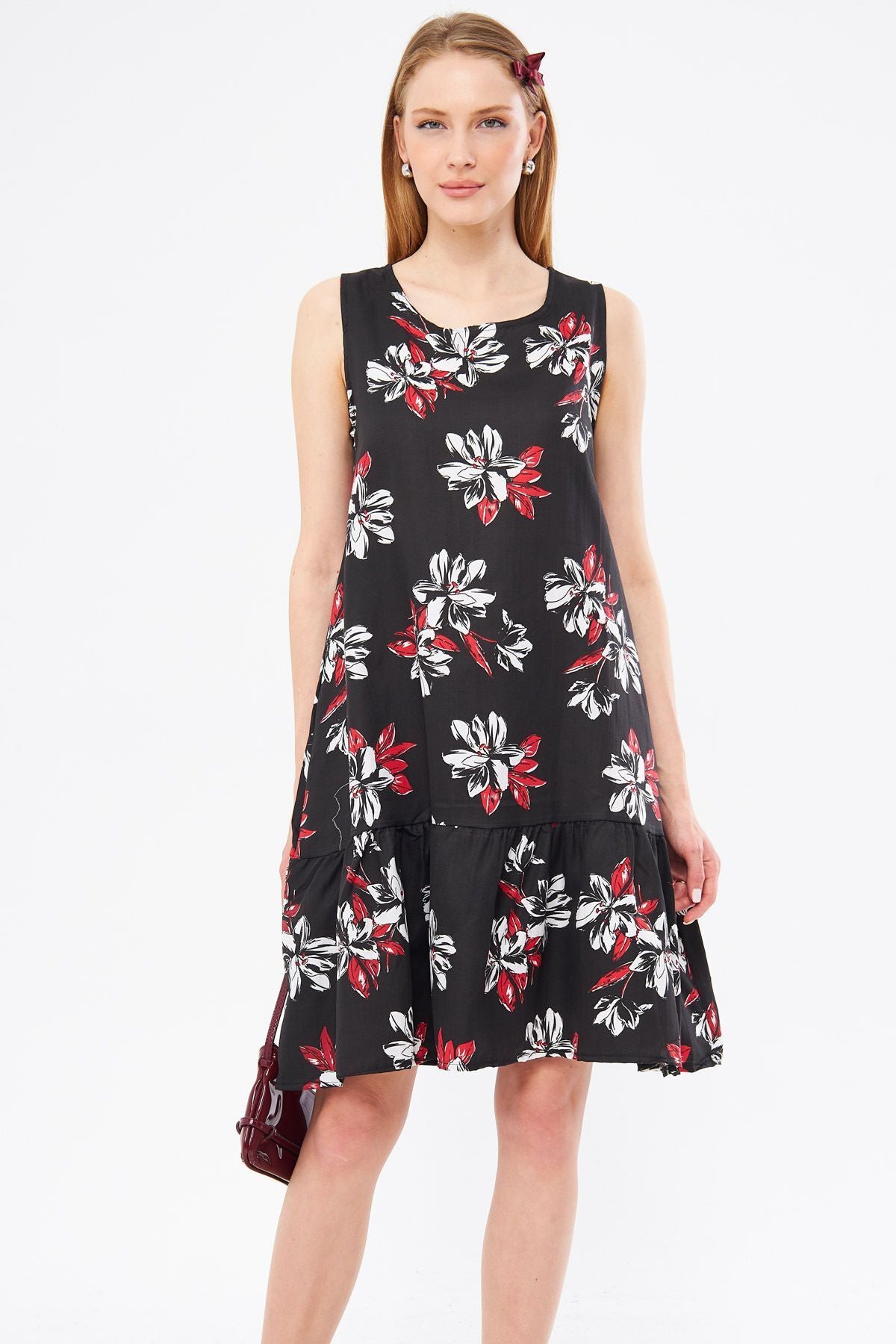 Woman Black Big Flower Patterned Sleeveless Dress ARM-22Y001014