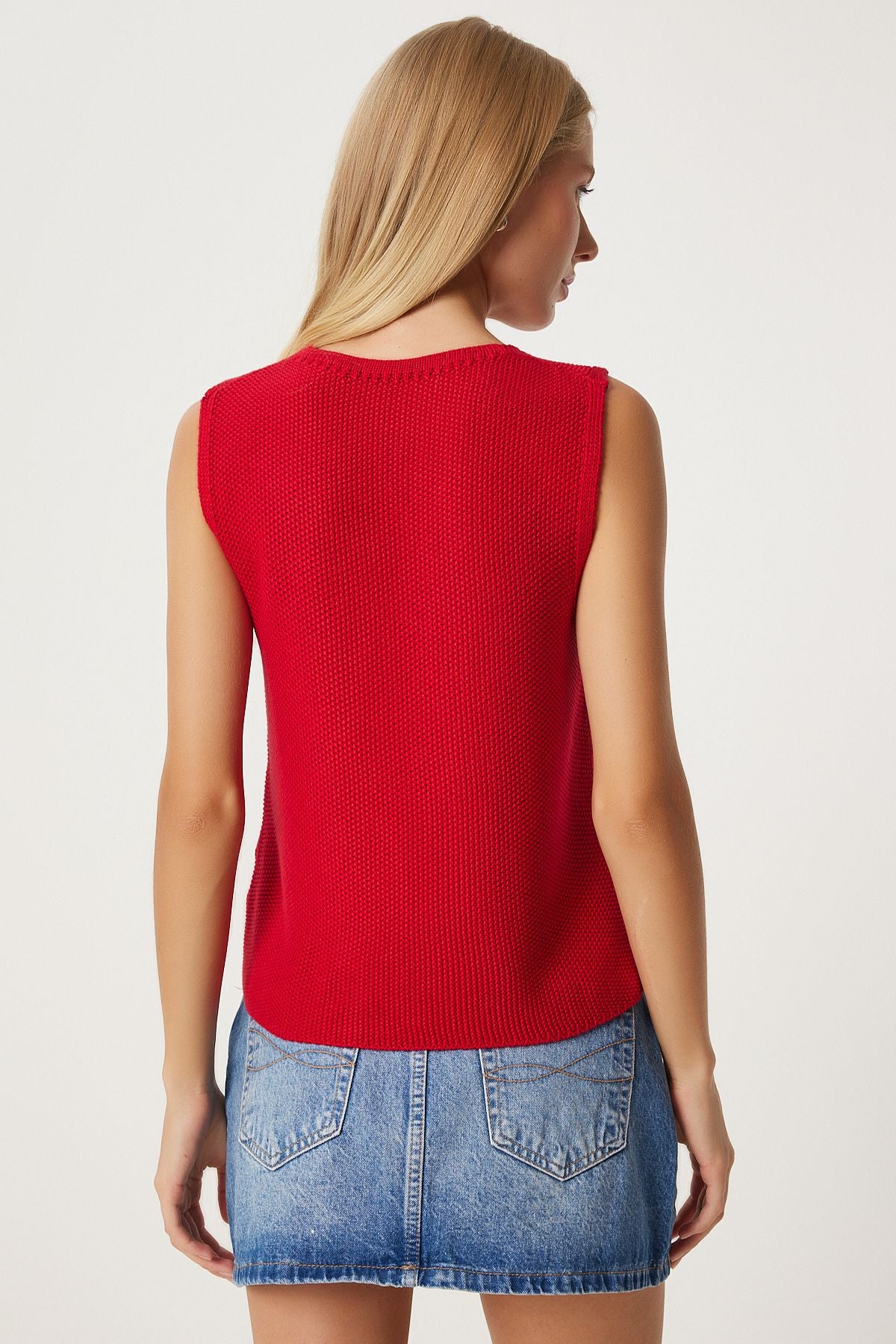 Woman Red Lacked Knitwear Vest US00923