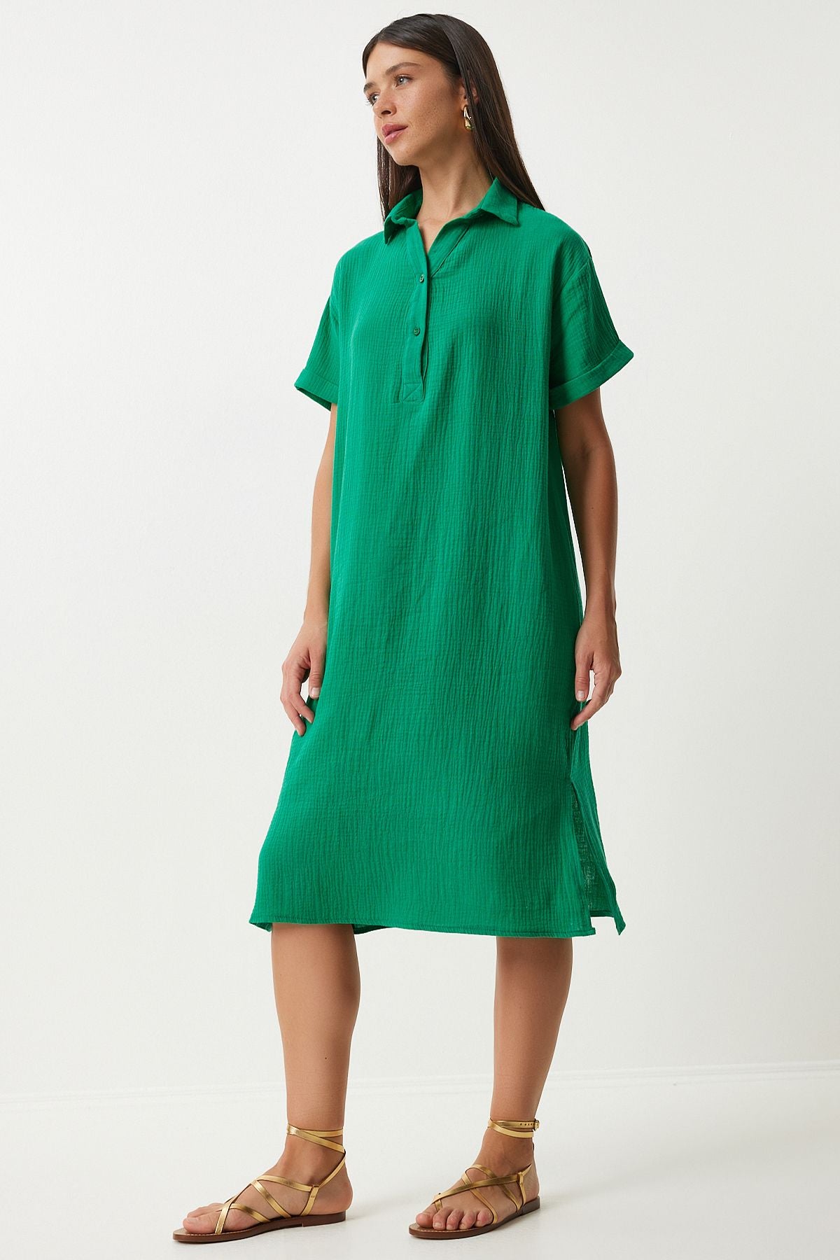 Woman Green Polo Yaka Summer Plenty Muslin Dress to00135