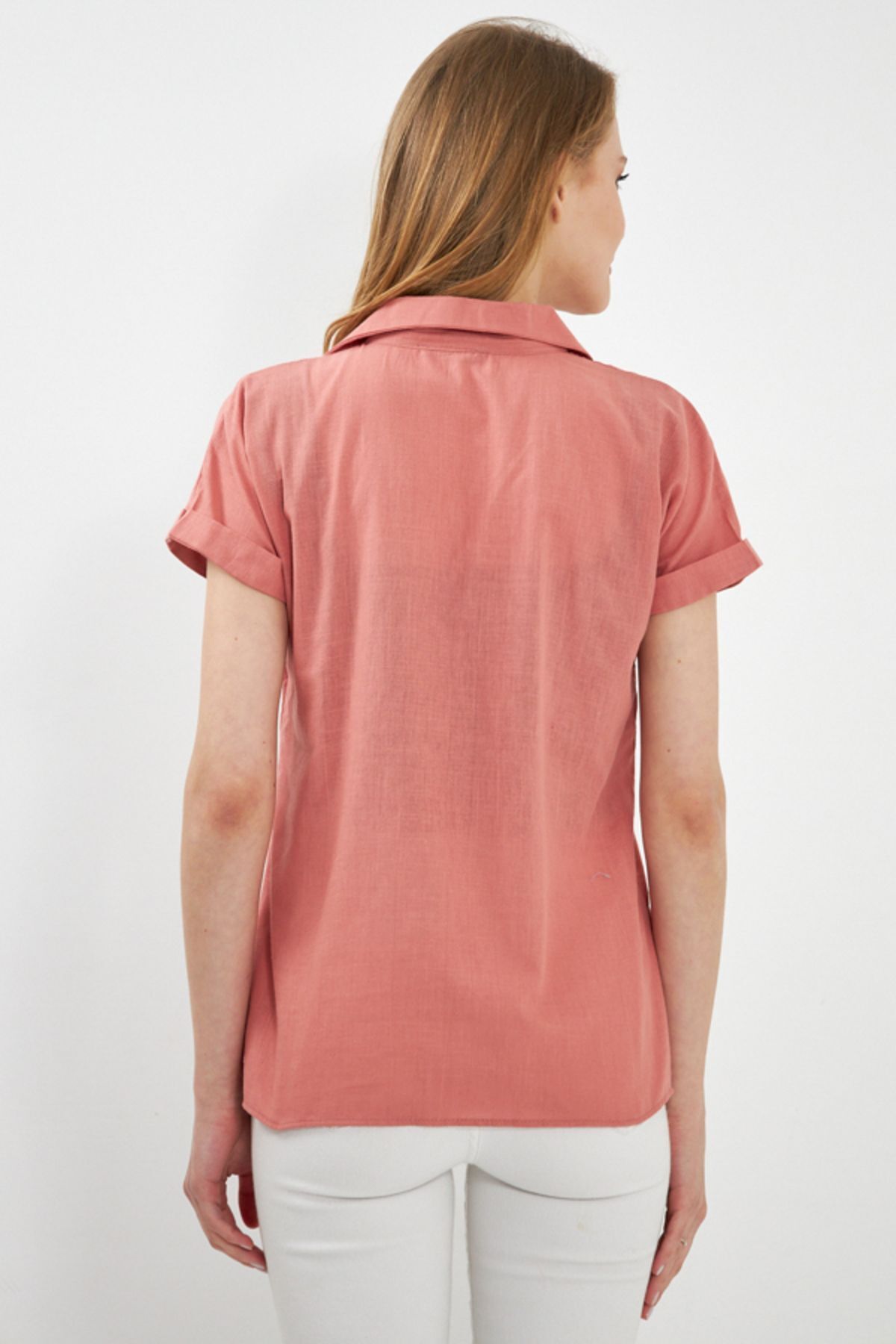 Woman Salmon Short Sleeve Linen Shirt ARM-24Y001038