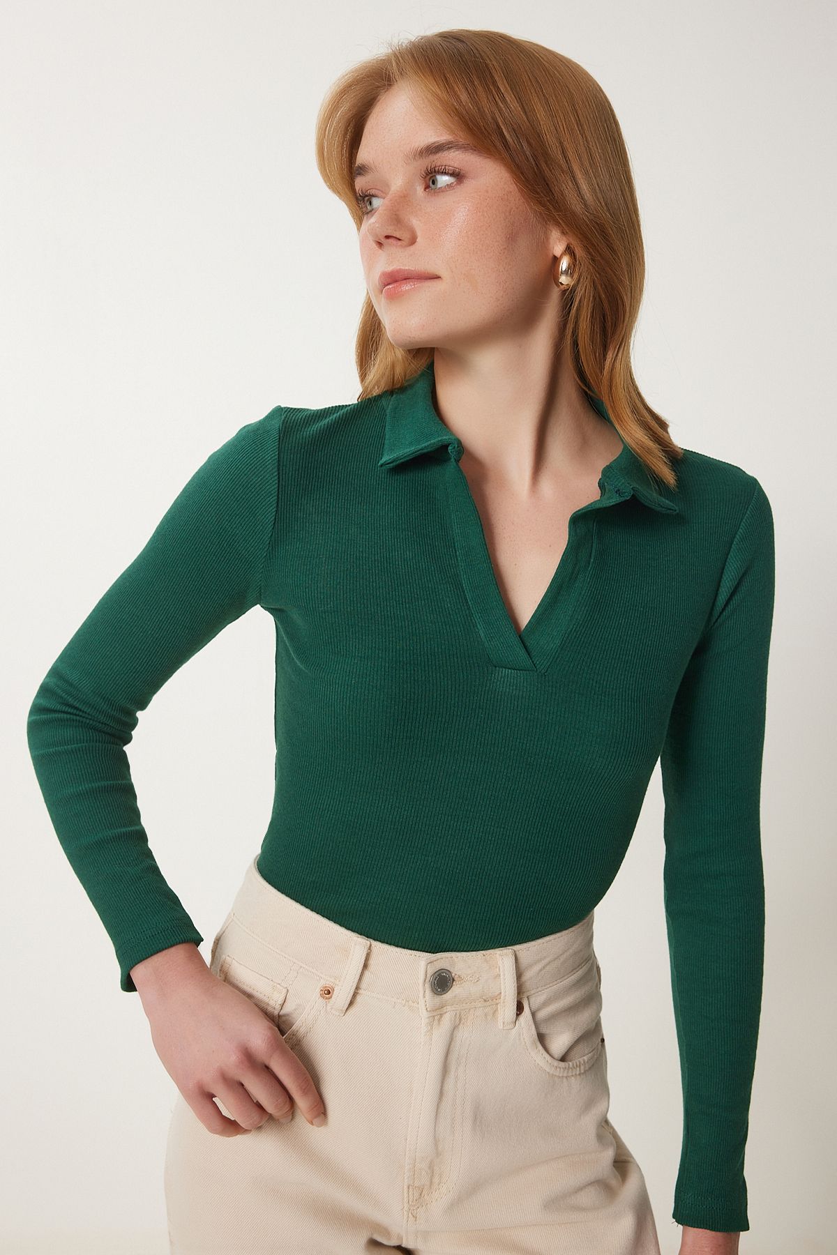 Female green polo collar wick knitted blouse GT00111