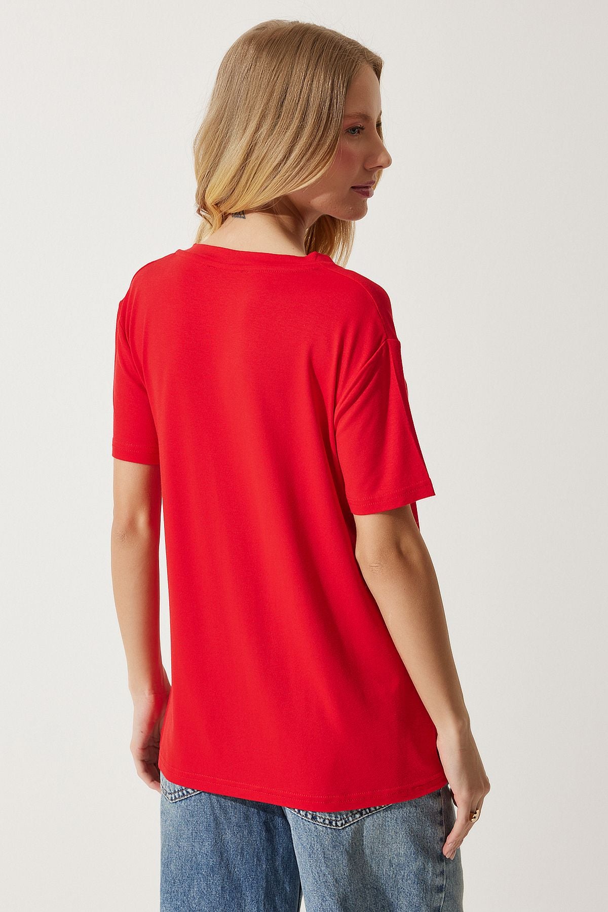 Woman Red V-Neck Basic Viscose Knitting T-Shirt EN00613