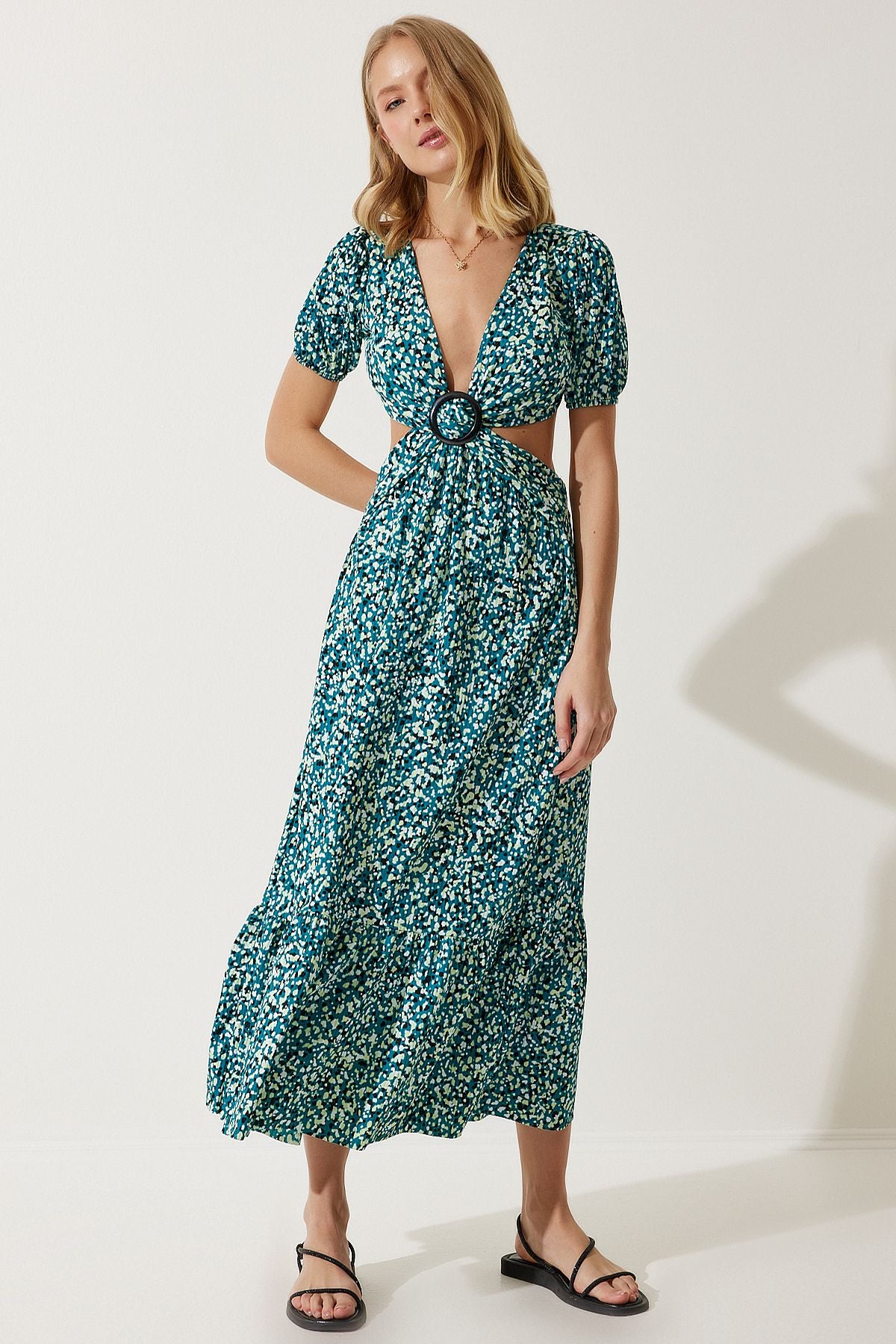 Female Green Patterned Window Detailed Flip Knitting Dress MC00263