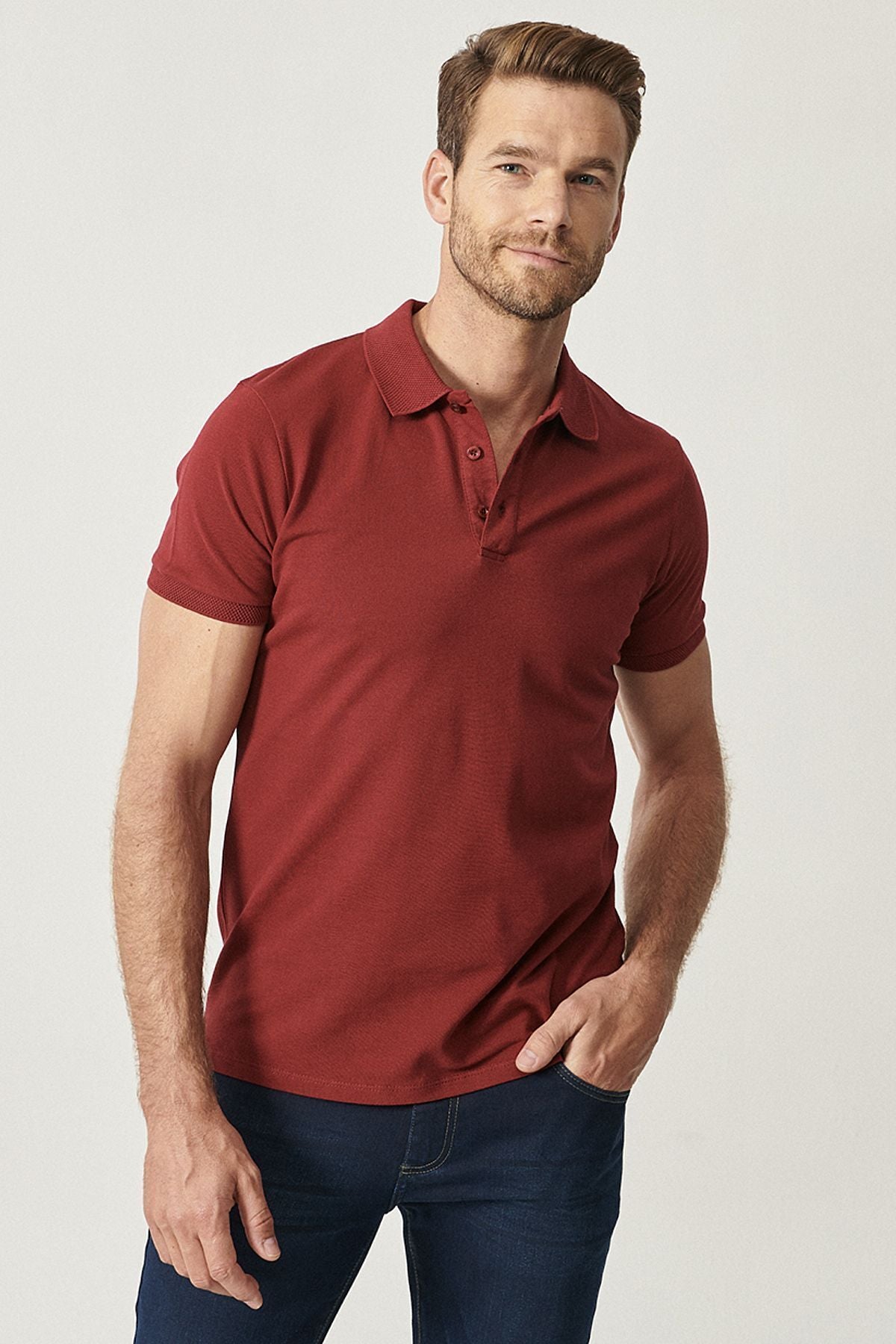 Men's burgundy 100 %Cotton Curlled Pike Polo Yaka Slim Fit Narrow Cut T -shirt