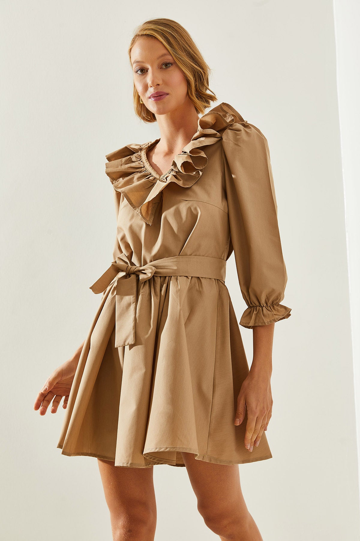 Women's V-Neck Sleeve and Collar Detailed Mini Dress 21228 60251664