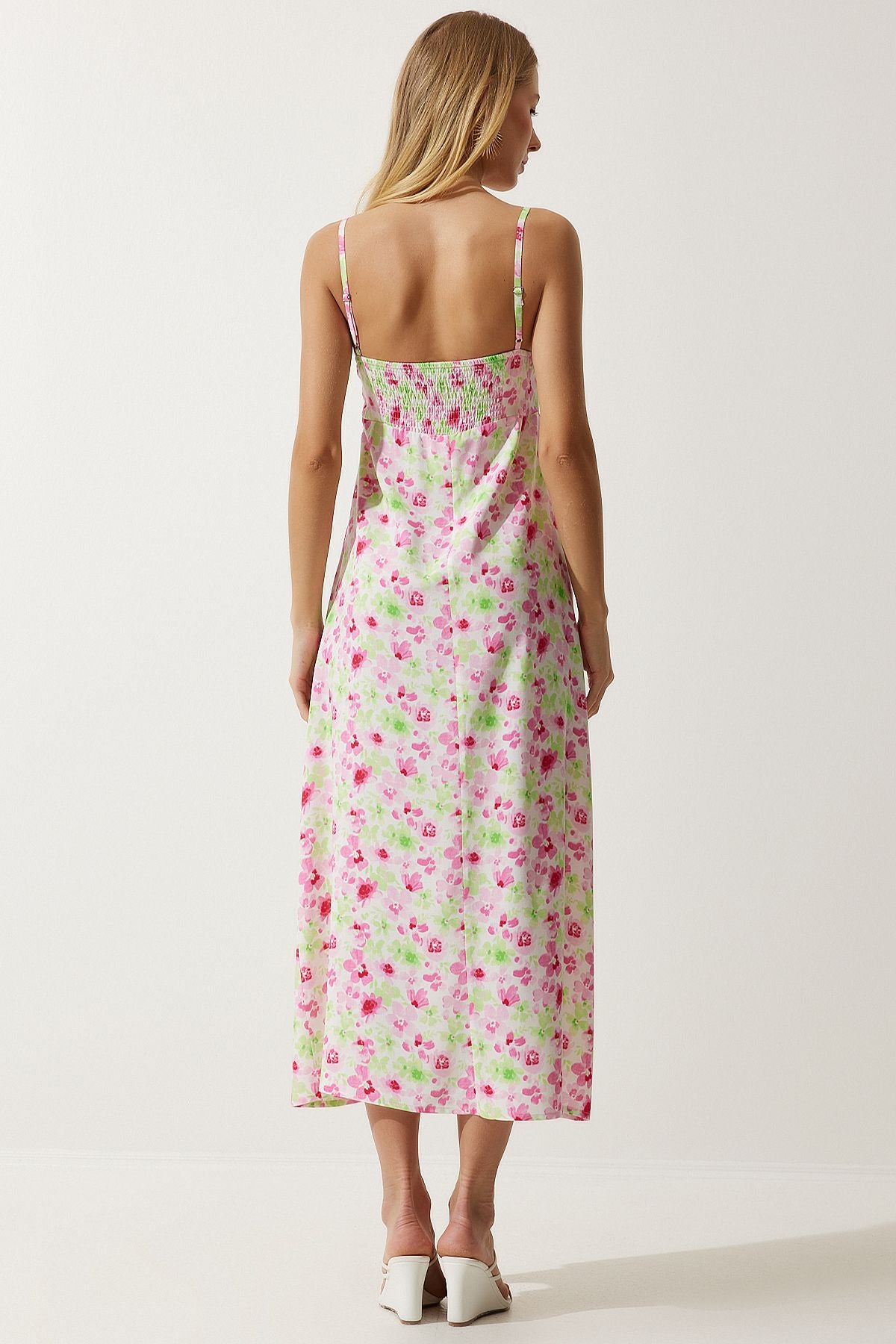 Female green pink strap pattern viscose dress ub00236