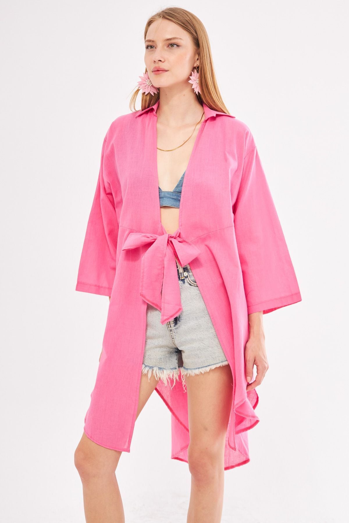 Fuchsia Fuchsia front-binding thin linen fabric midi boy kimono shirt ARM-24Y001081