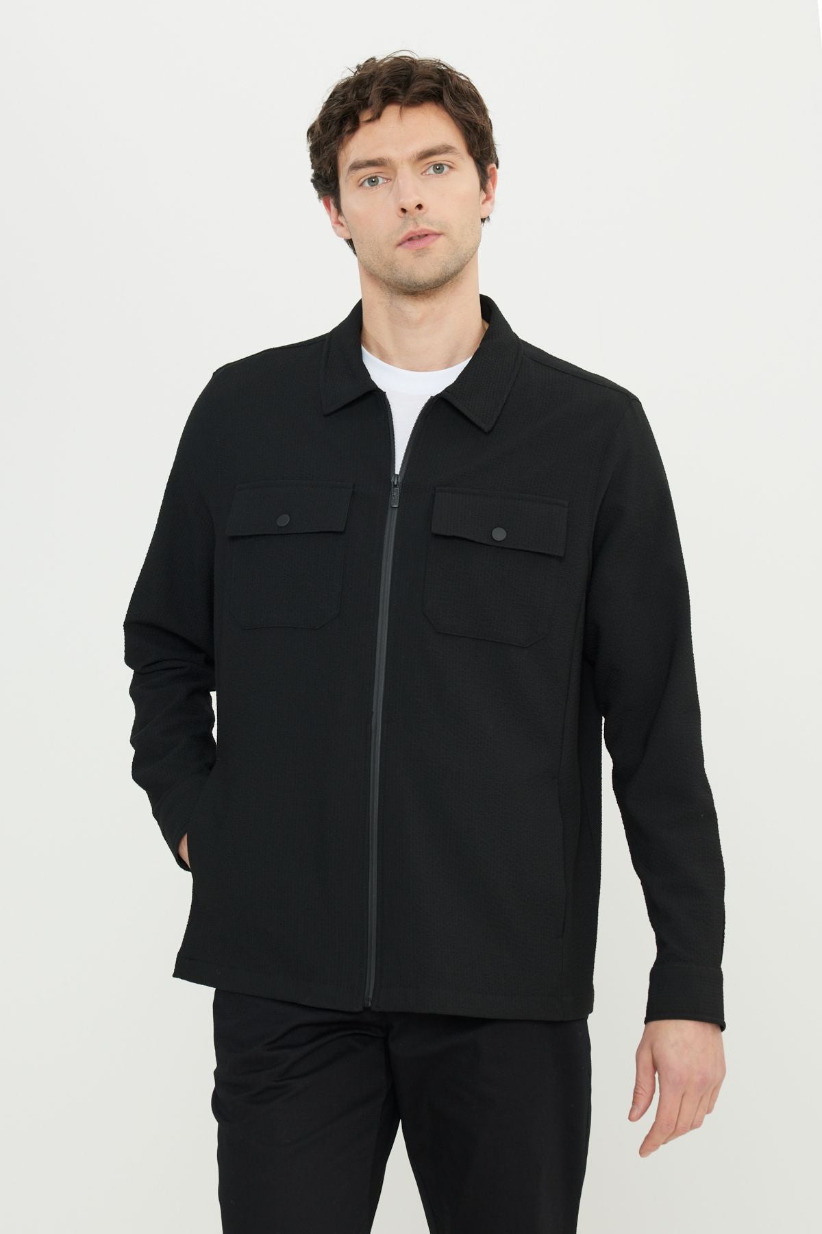Men's black woolen relax fit comfortable cut shirt collar wafer patterned flexible suit jacket