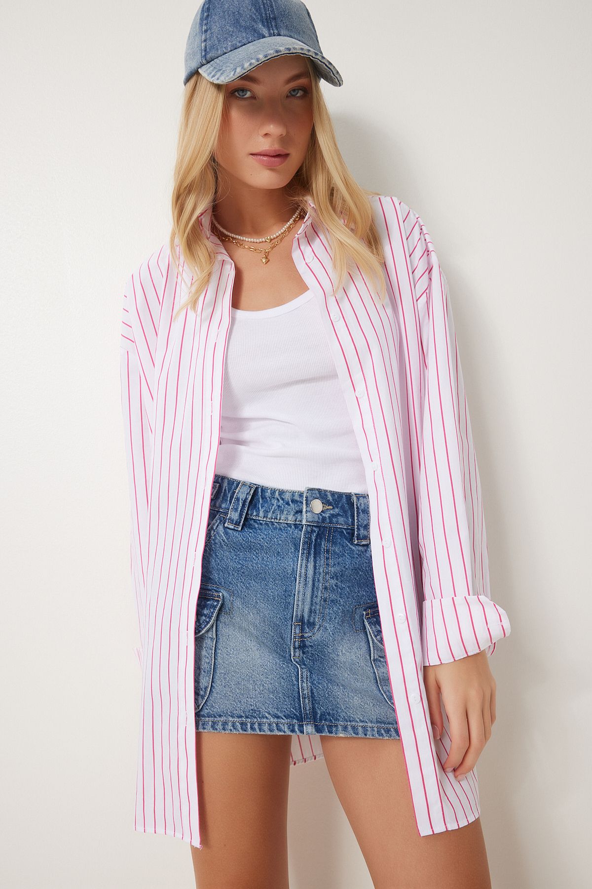 Woman White Pink Striped Oversize Long Weaving Shirt BP00168