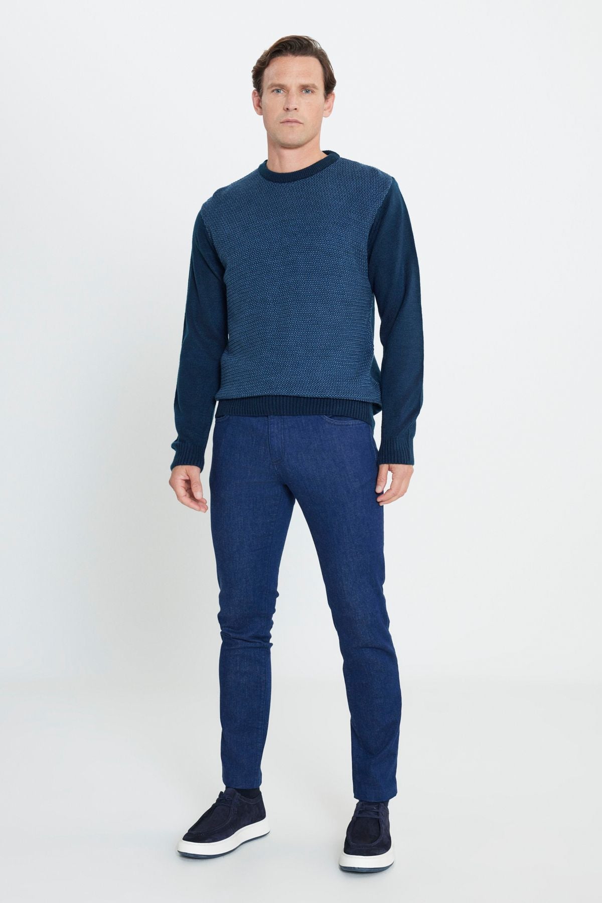 Men's Navy Blue-Blue Standard Fit Normal Cut Bicycle Bike Honeycomb Patterned Knitwear Kazakh