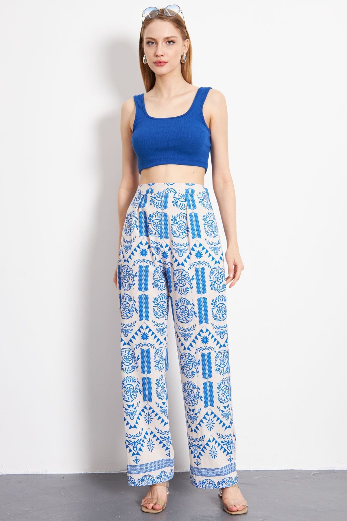 PALAZZO Pants with Patterned Patterned Blue Linen Look