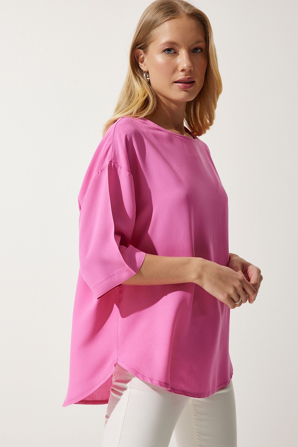 Female pink bike collar draped viscose blouse RC00152