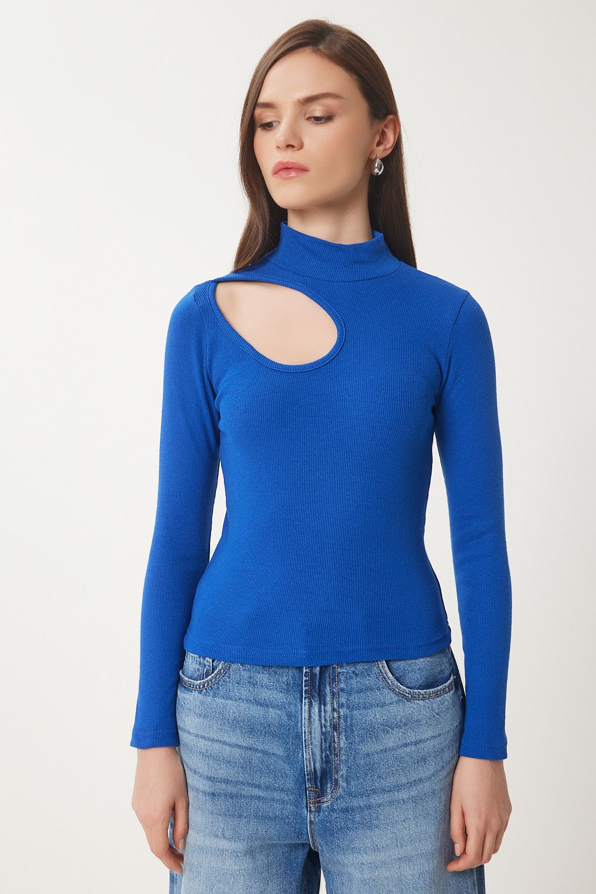 Woman Dark Blue Cut Out Detailed Wick Knitting Blouse GT00065