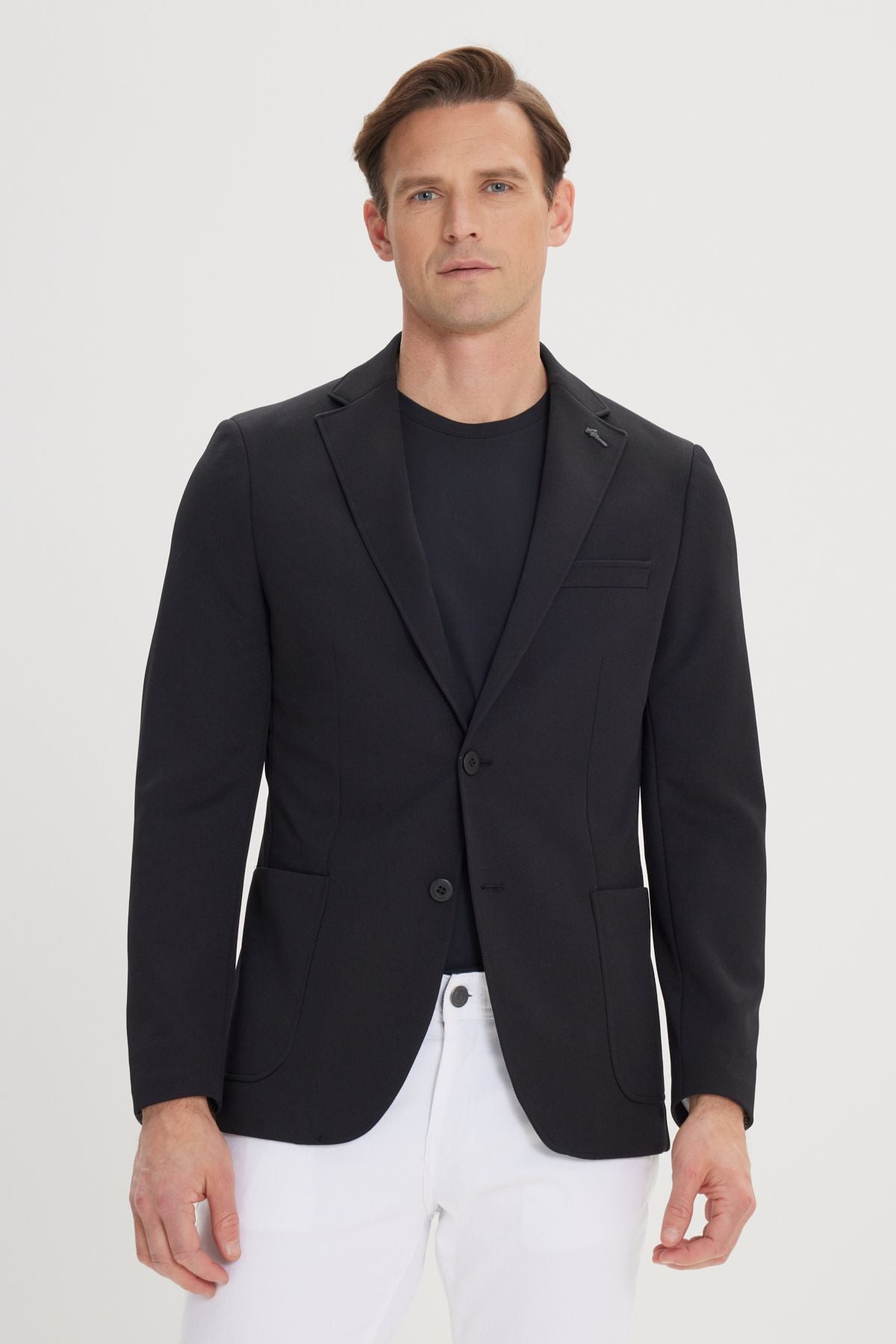 Men's black slim fit narrow cut Mono collar casual blazer jacket