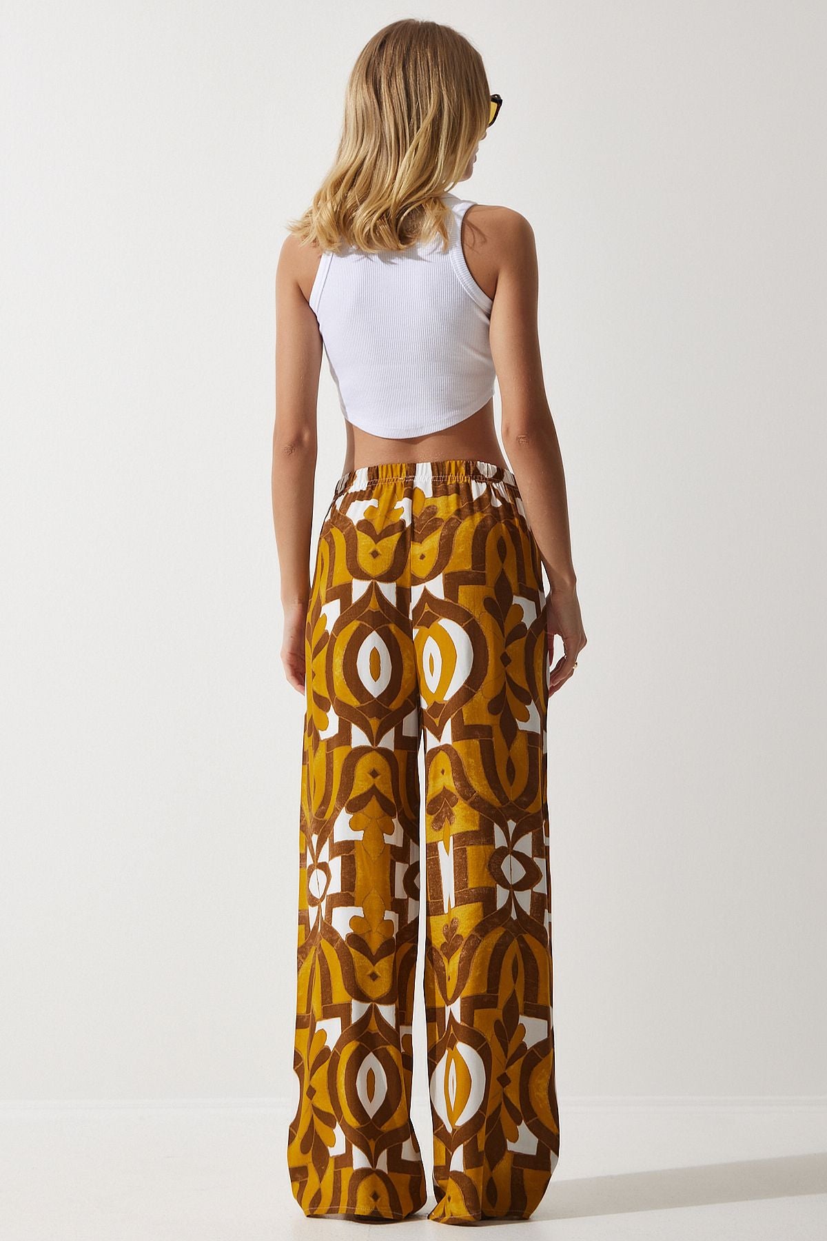 Female mustard patterned draped viscose palazzo pants EN00606