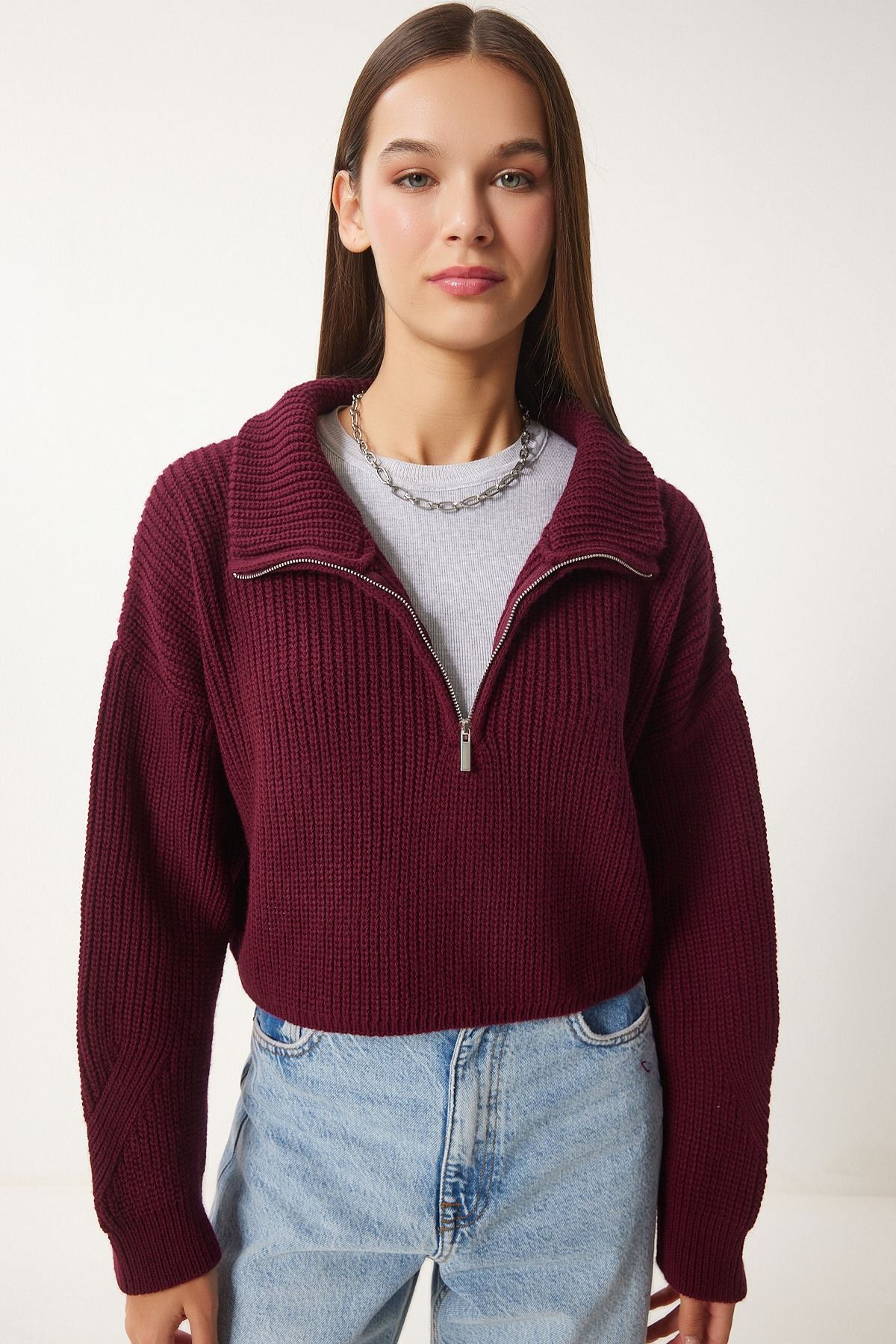 Female Bordeaux Zipper Fisherman Yaka Knitwear Kazakh MX00124