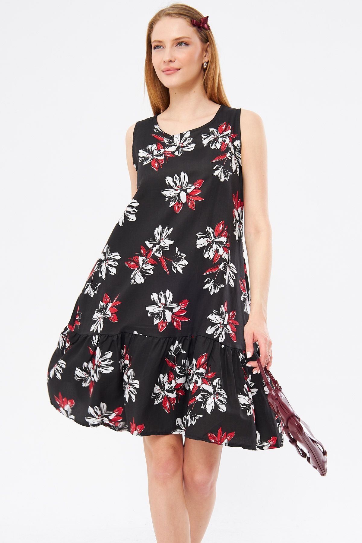 Woman Black Big Flower Patterned Sleeveless Dress ARM-22Y001014