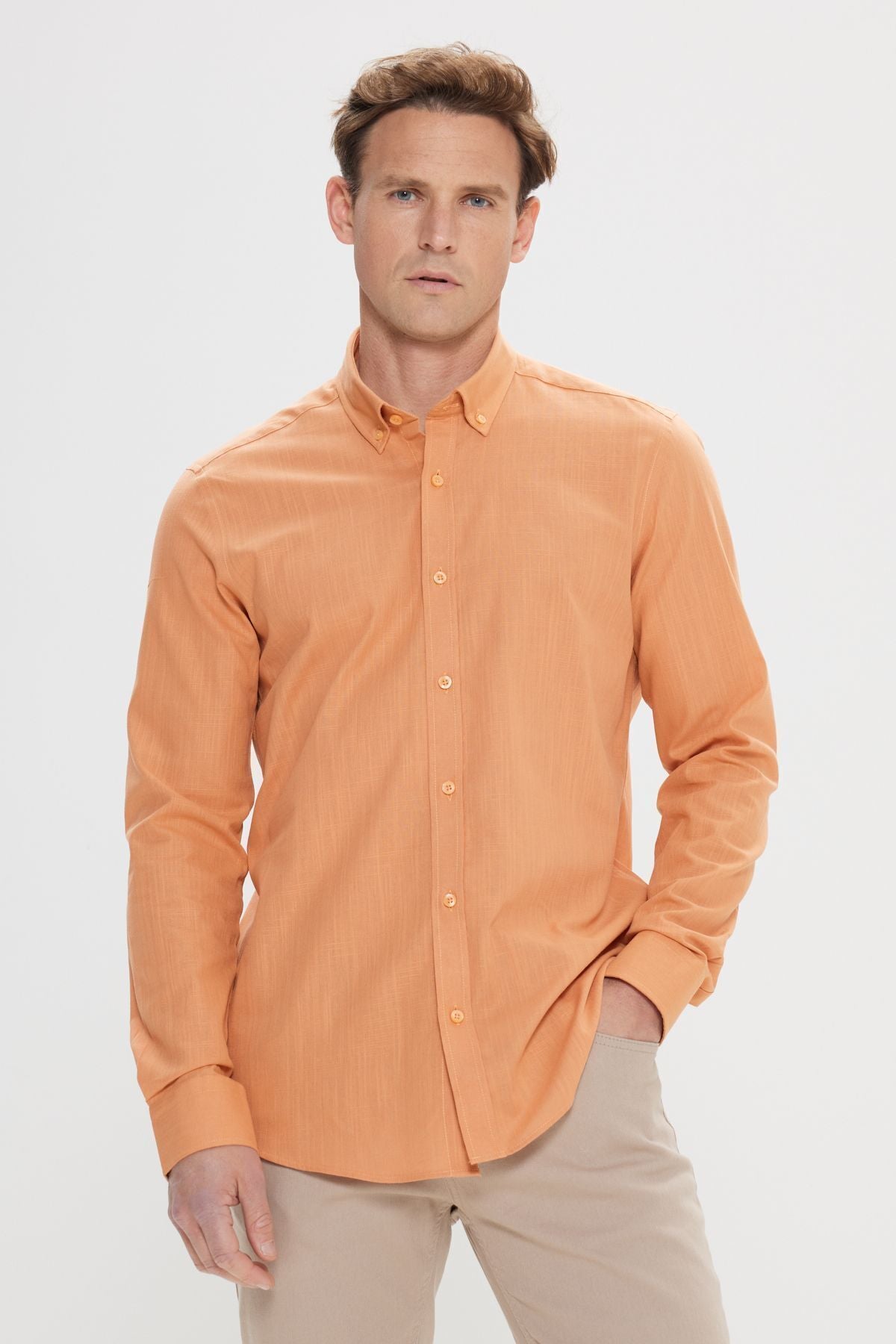 Men's Tile 100 %Cotton Breathing Fabric Flamle Oxford Slim Fit button with Fit button shirt