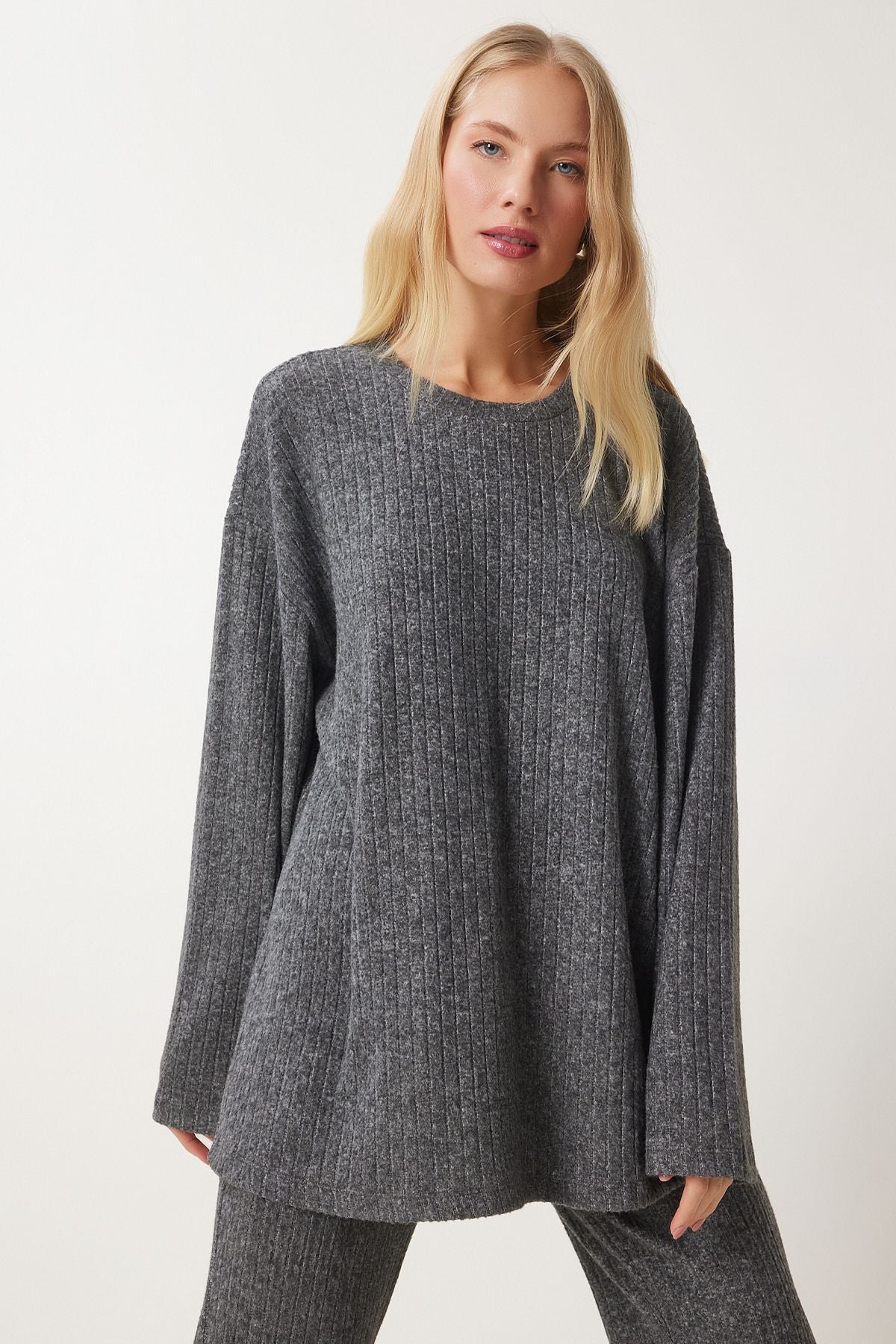 Woman anthracite comfortable wick knitted blouse trousers set RG00047
