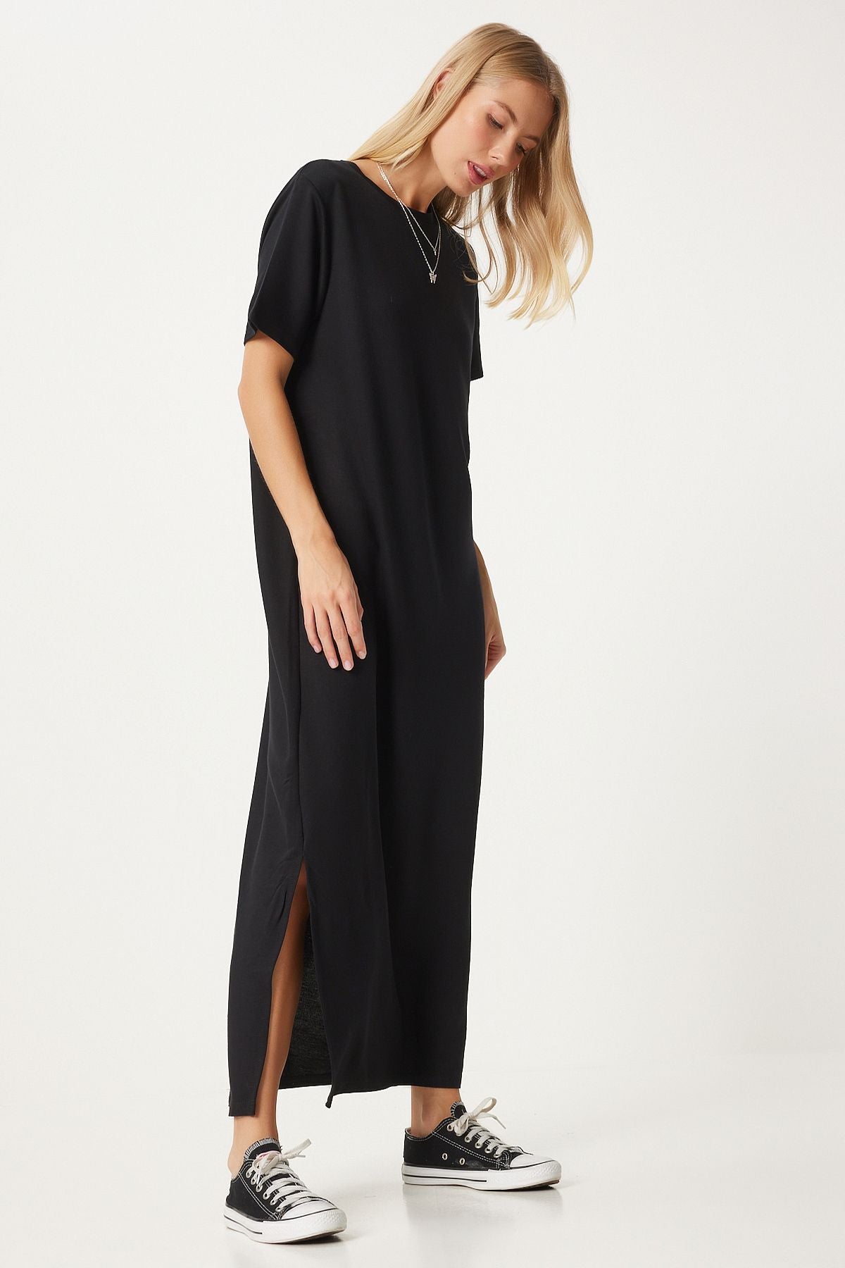 Women's black side slit summer long knitted dress hw00011
