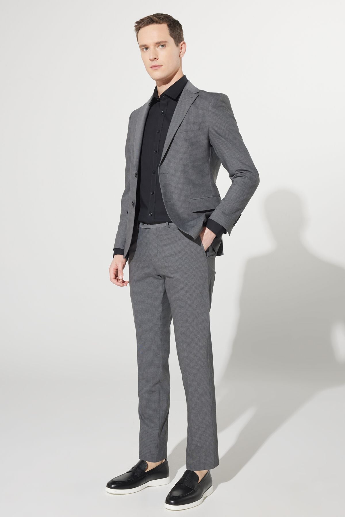 Men's Gray Extra Slim Fit Narn Cut Mono Yaka Square Wool Suit