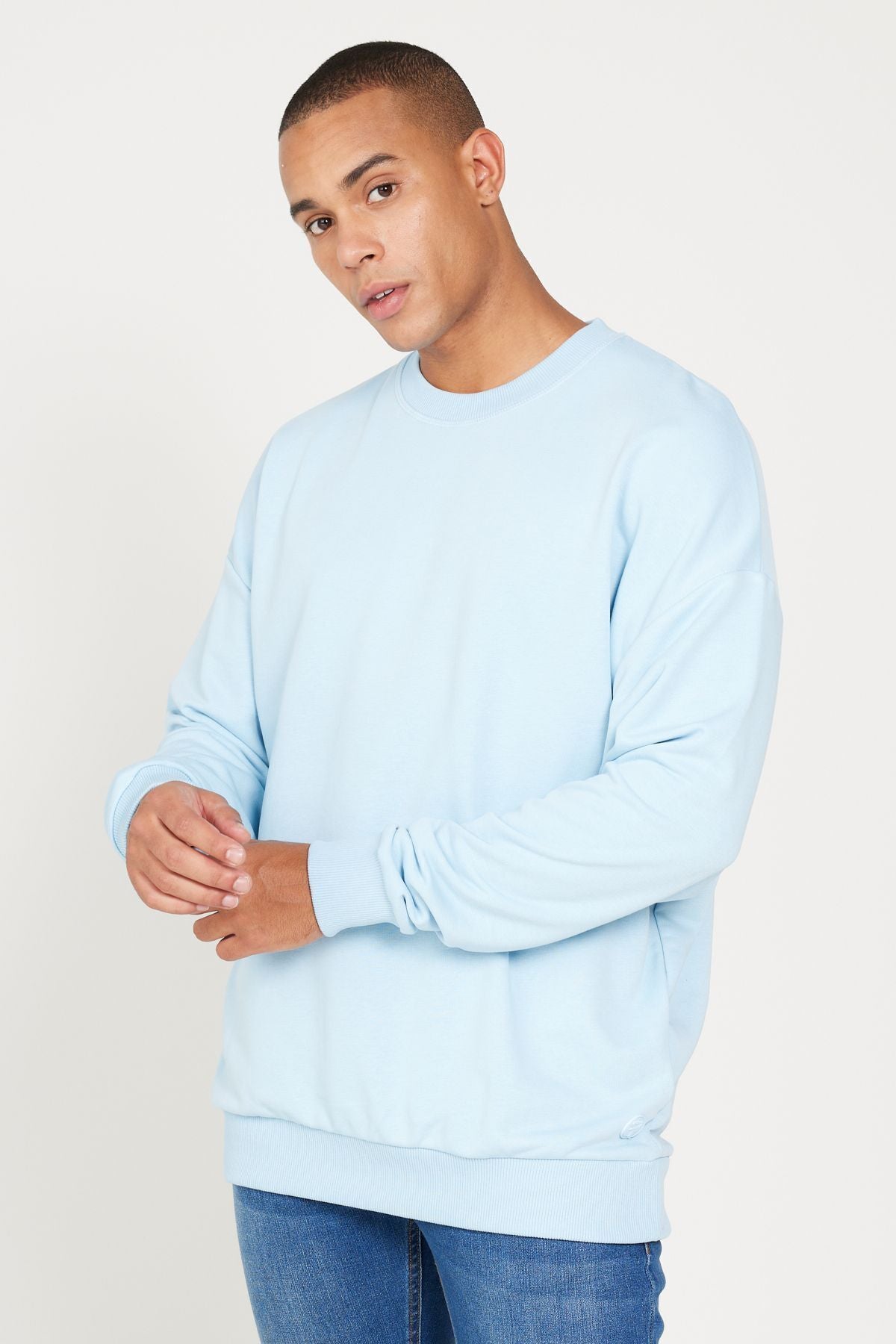 Men's Light Blue Oversize Plenty Cutting 3 IP Bicycle collar Cotton Sweatshirt